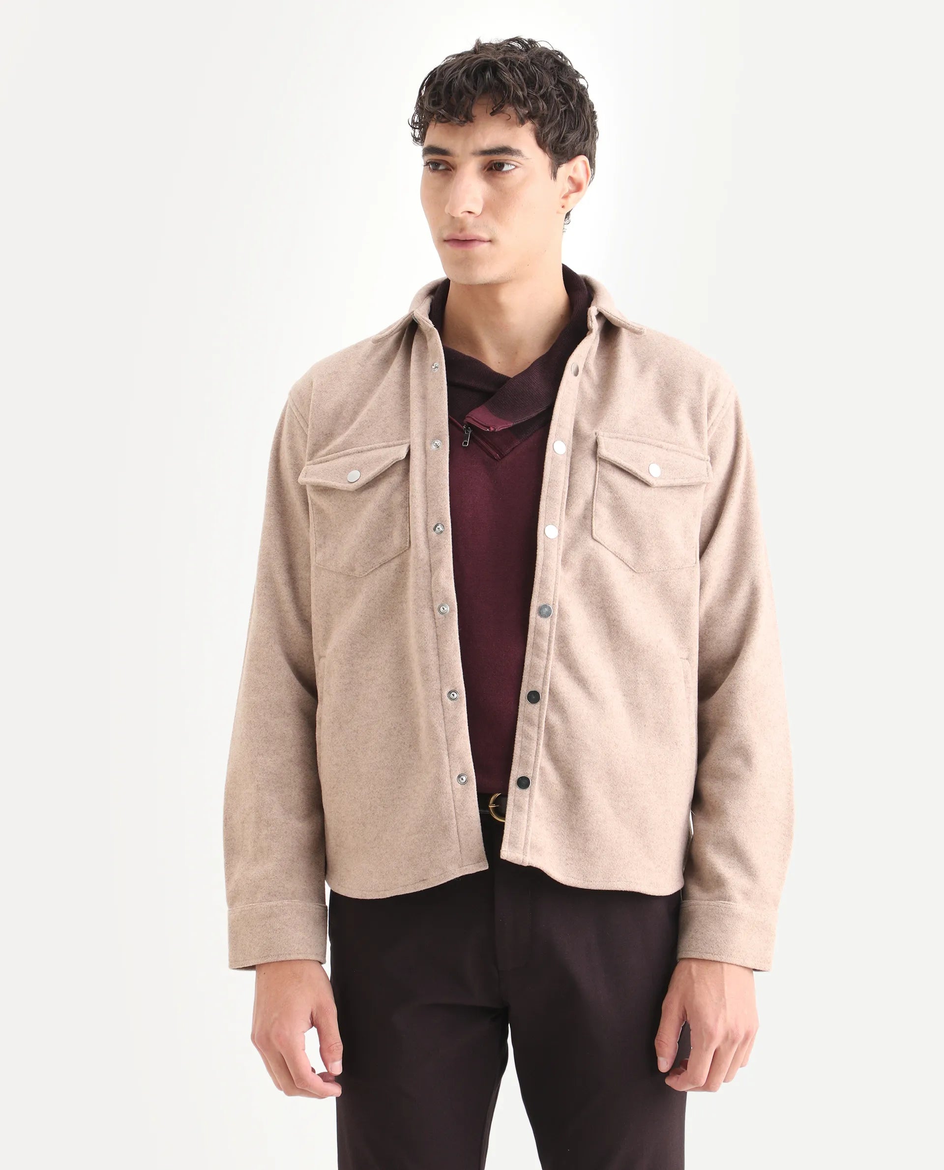 Rare Rabbit Men's Cason Light Beige Polyester Plain Regular Fit Full Sleeve Spread Collar Jacket