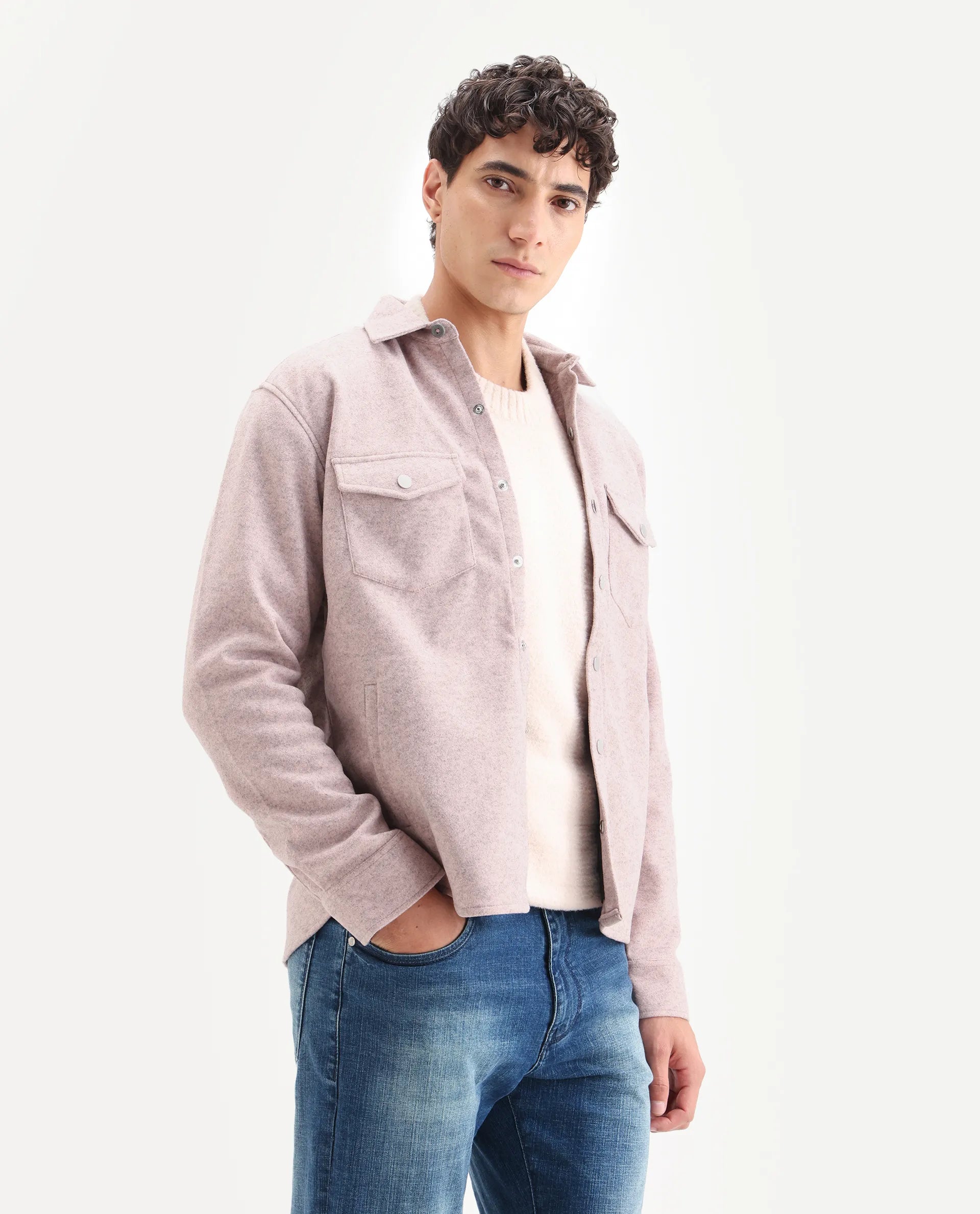 Rare Rabbit Men's Cason Light Pink Polyester Plain Regular Fit Full Sleeve Spread Collar Jacket