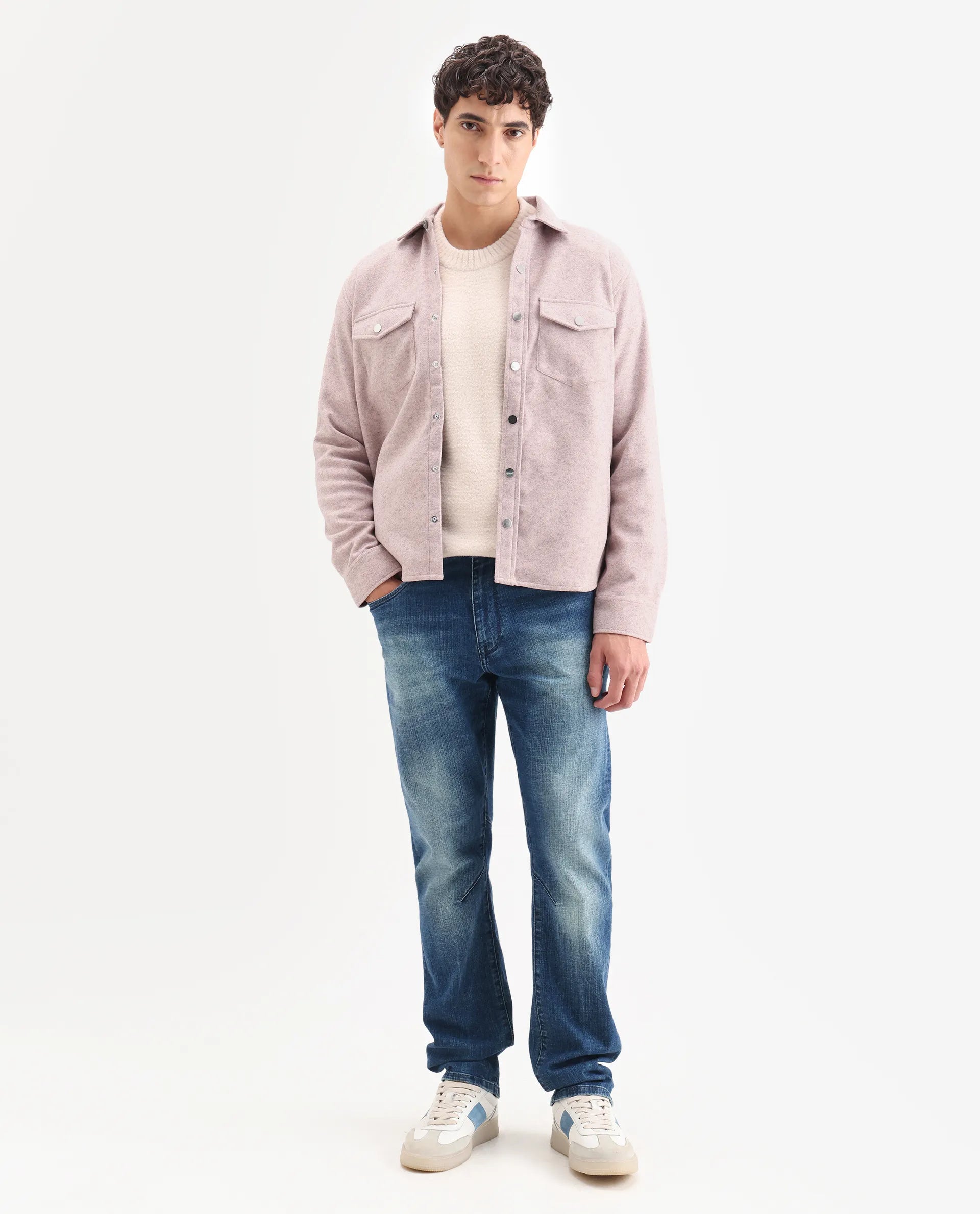 Rare Rabbit Men's Cason Light Pink Polyester Plain Regular Fit Full Sleeve Spread Collar Jacket