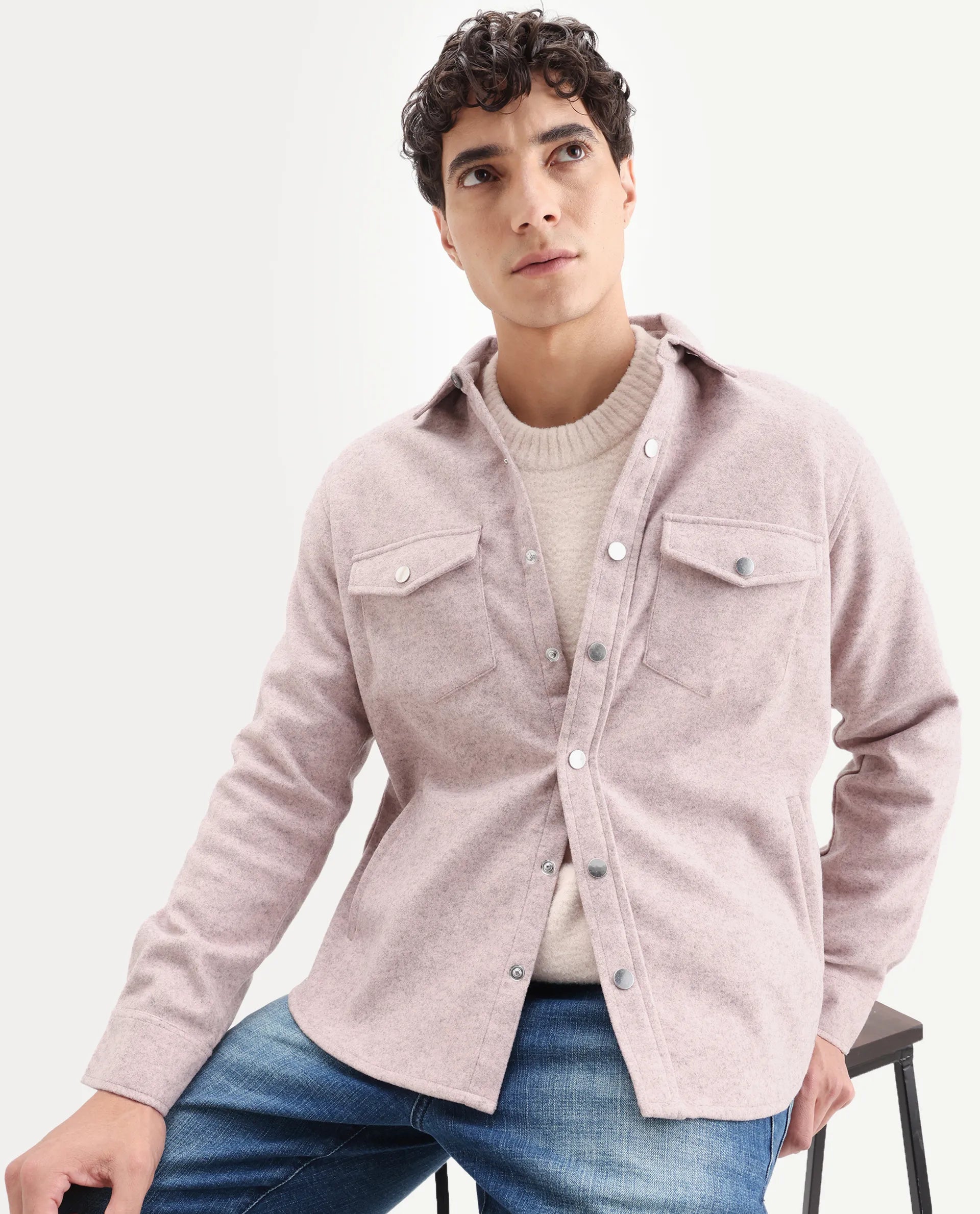 Rare Rabbit Men's Cason Light Pink Polyester Plain Regular Fit Full Sleeve Spread Collar Jacket