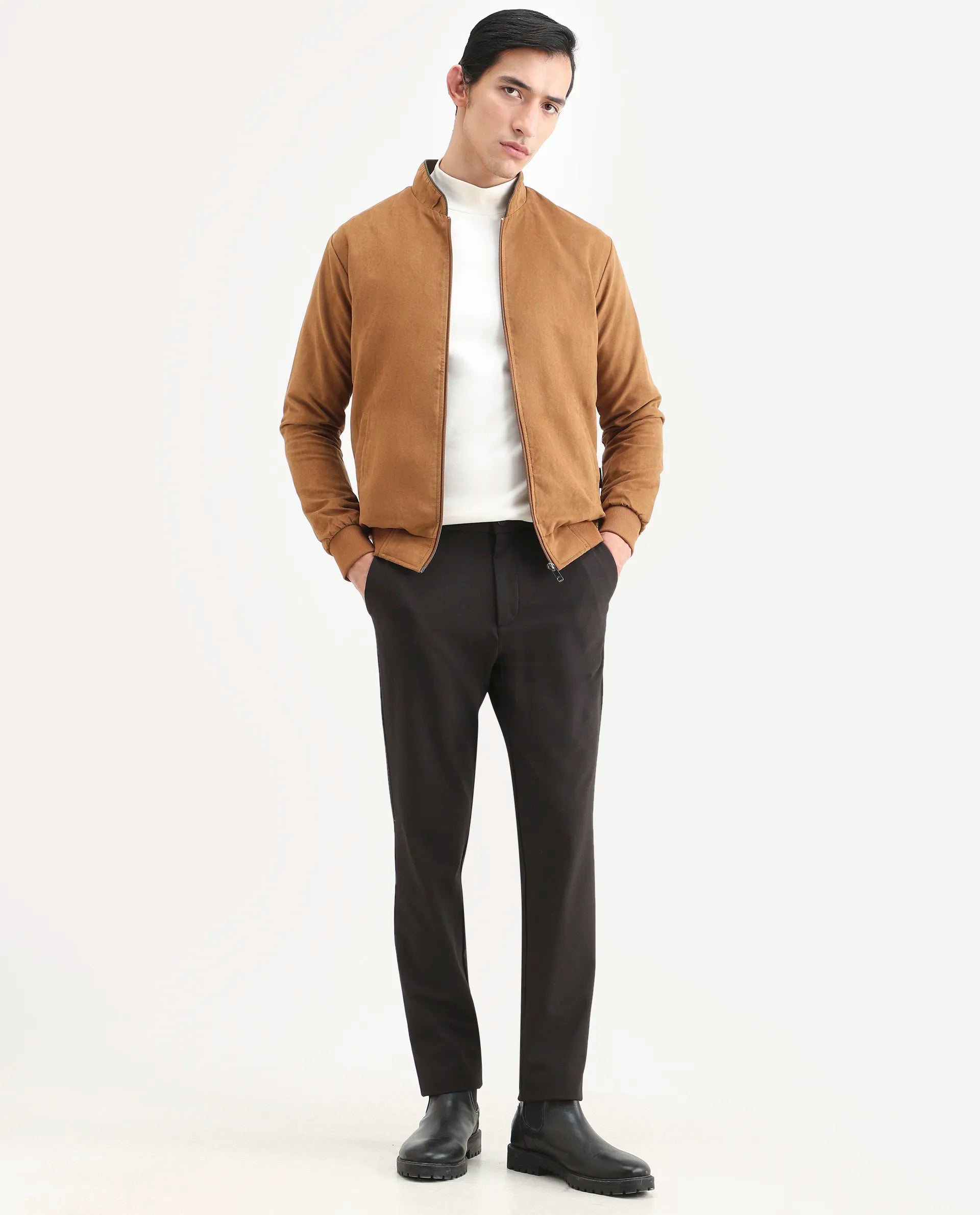 Rare Rabbit Men's Henron Yellow Suede Plain Regular Fit Full Sleeve Mandarin Collar Jacket