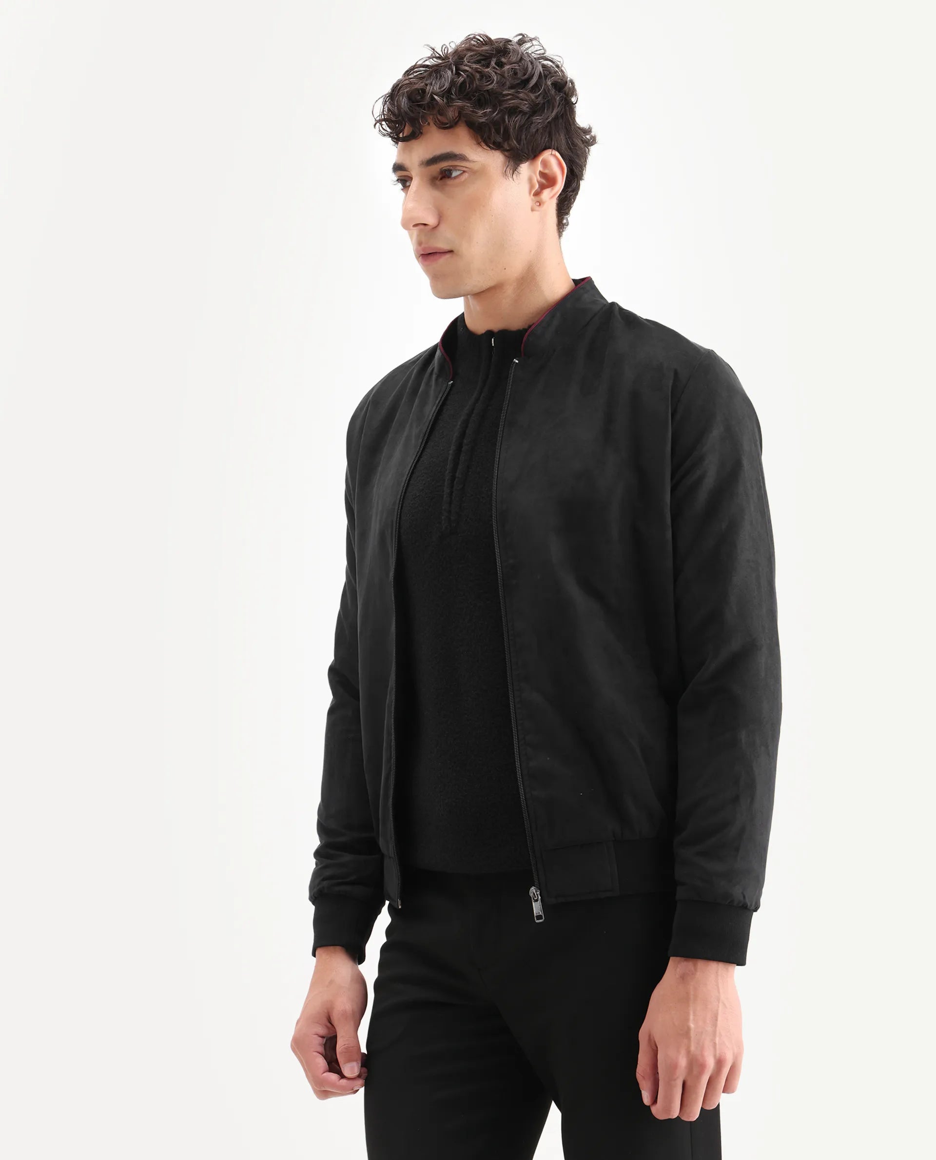 Rare Rabbit Men's Henron Black Suede Plain Regular Fit Full Sleeve Mandarin Collar Jacket
