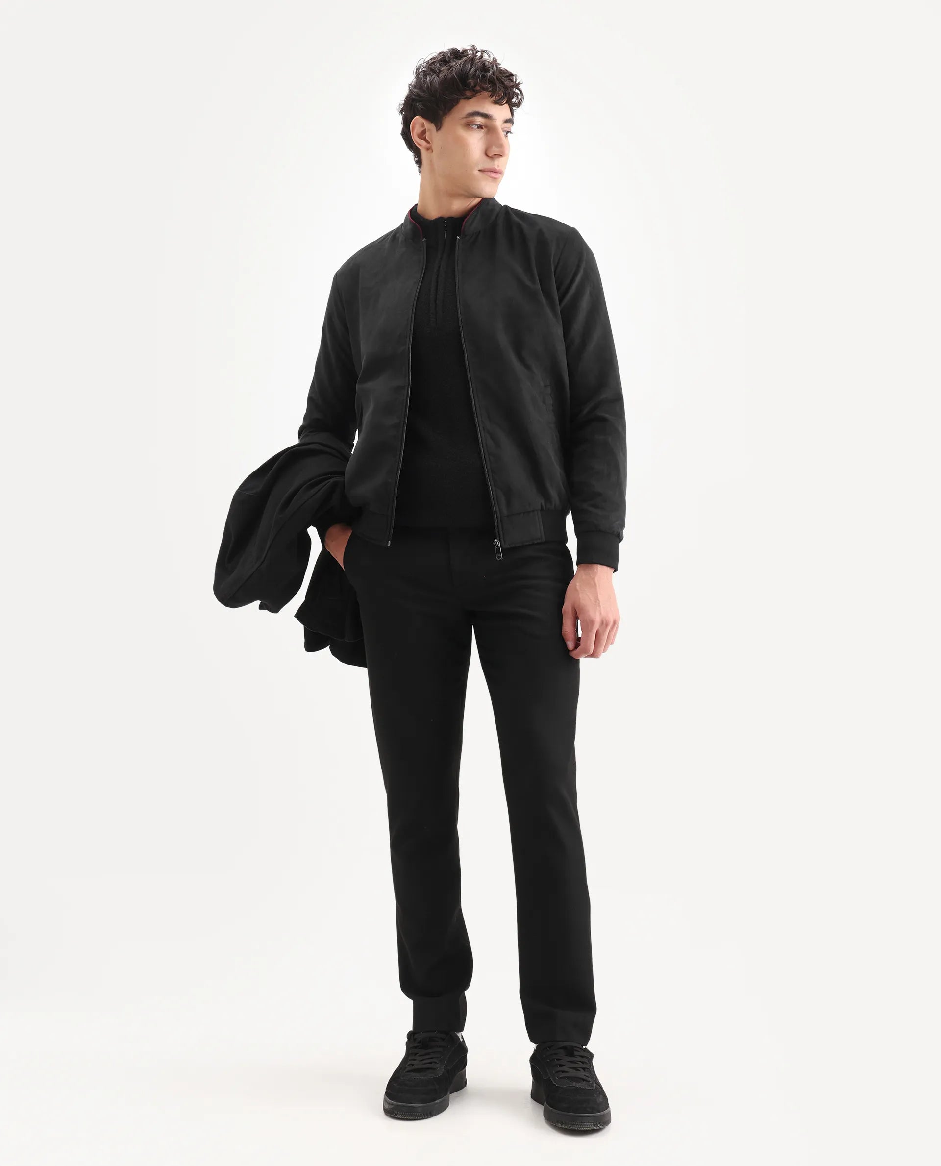 Rare Rabbit Men's Henron Black Suede Plain Regular Fit Full Sleeve Mandarin Collar Jacket