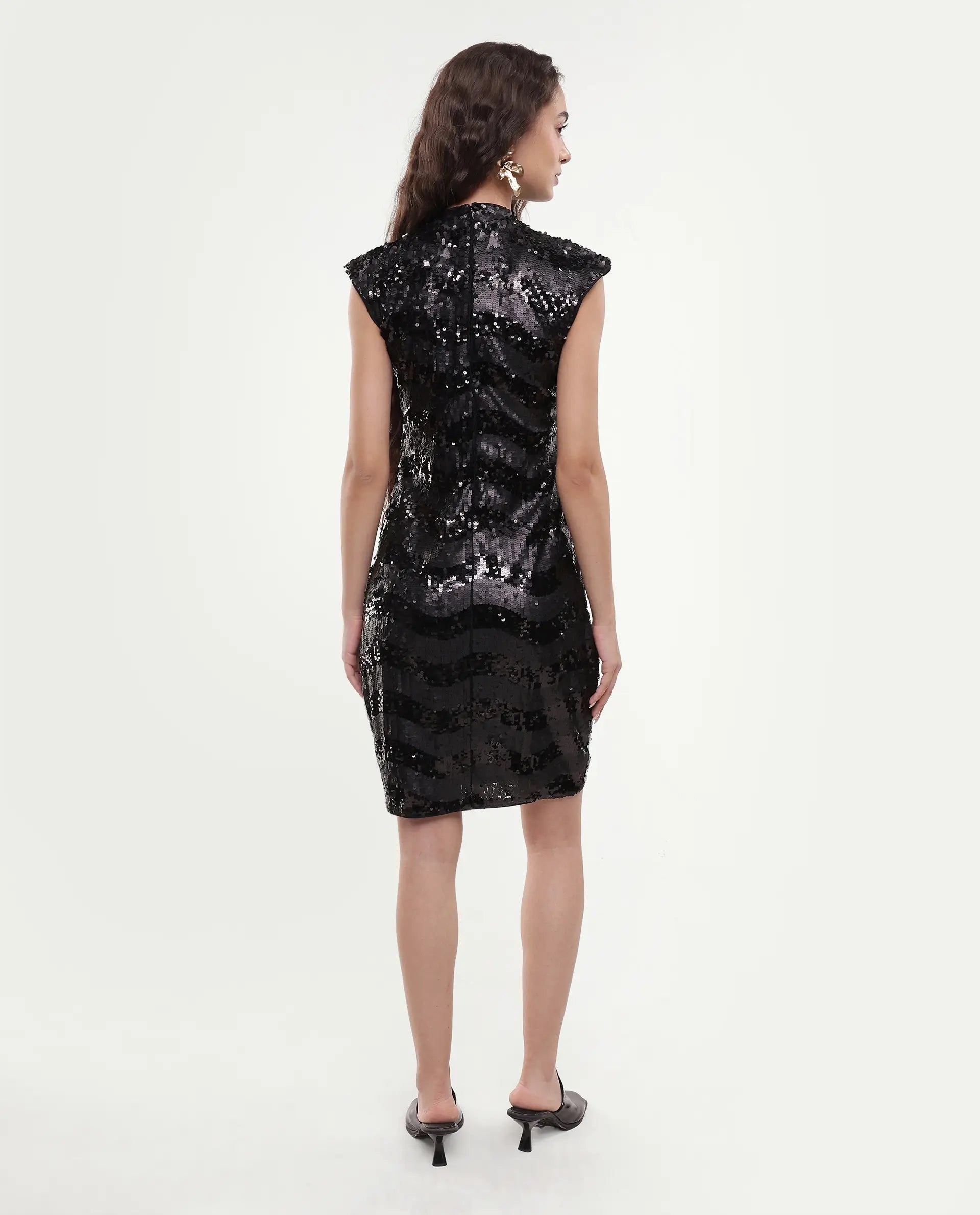 Rareism Women's Alzo Sheen Black Polyester High Neck Sequined Sleeveless Knee Length Regular Fit Dress