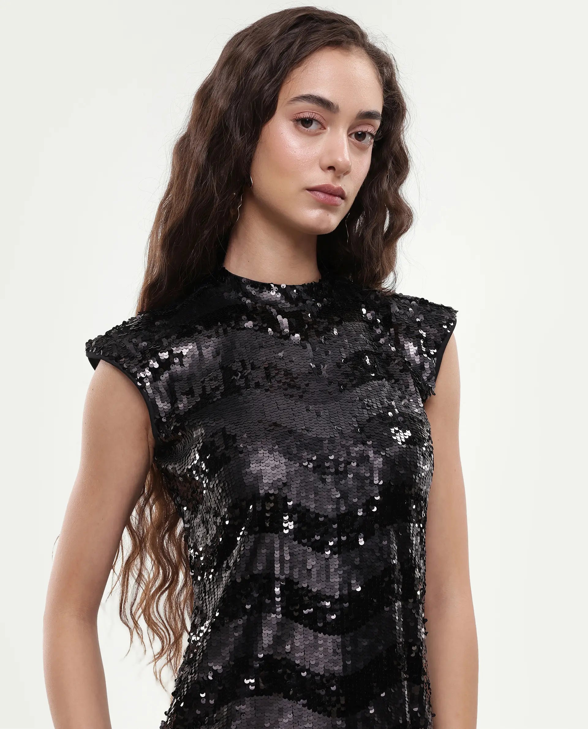Rareism Women's Alzo Sheen Black Polyester High Neck Sequined Sleeveless Knee Length Regular Fit Dress