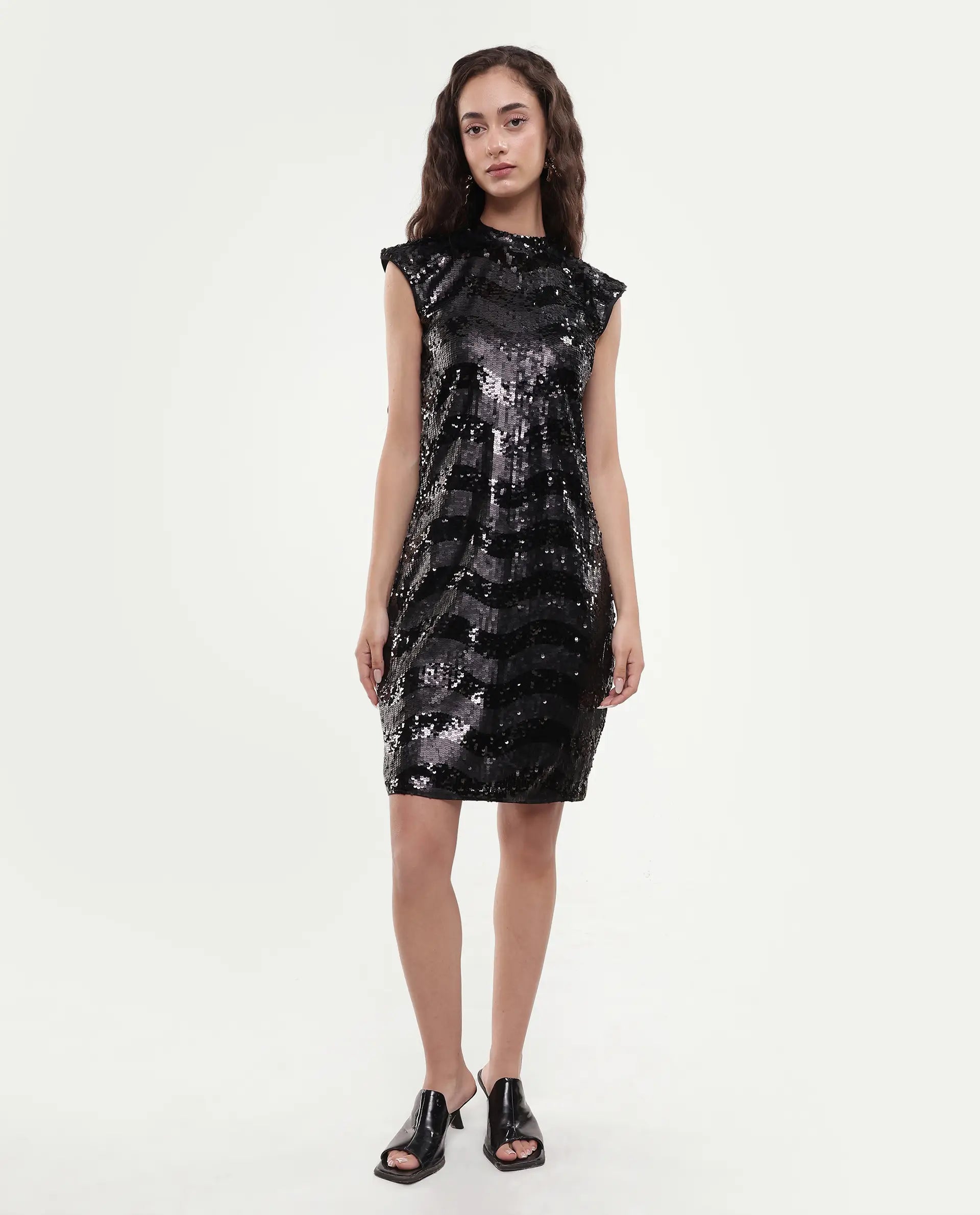 Rareism Women's Alzo Sheen Black Polyester High Neck Sequined Sleeveless Knee Length Regular Fit Dress