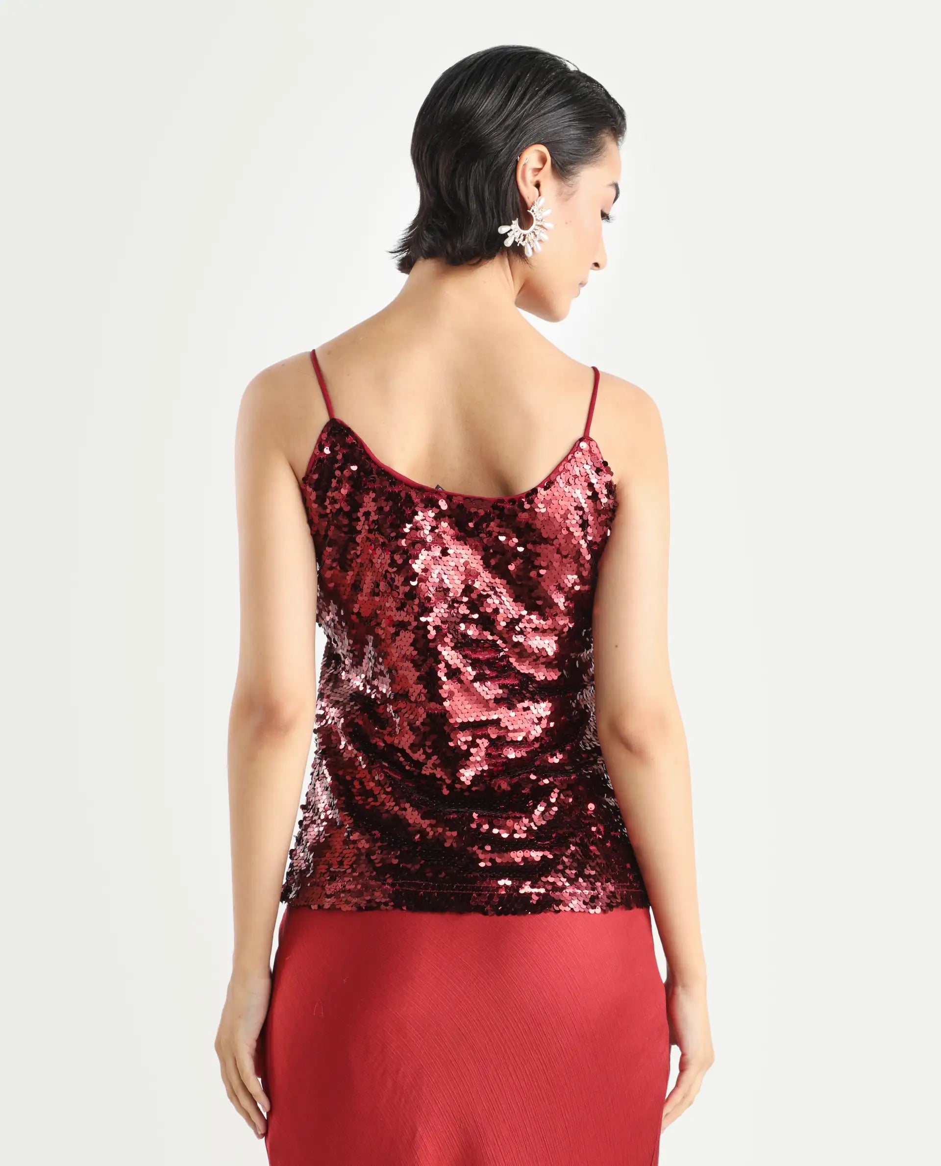 Rareism Women's Lilo Sheen Red Polyester V-Neck Sequined Shoulder Strap Regular Fit Top