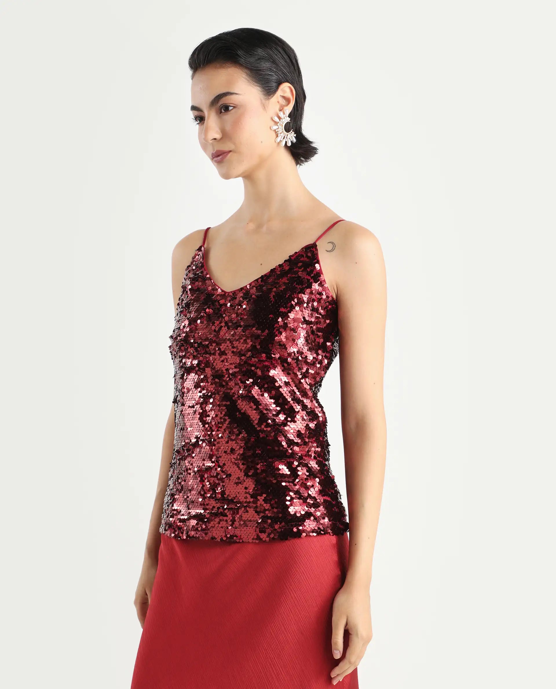 Rareism Women's Lilo Sheen Red Polyester V-Neck Sequined Shoulder Strap Regular Fit Top
