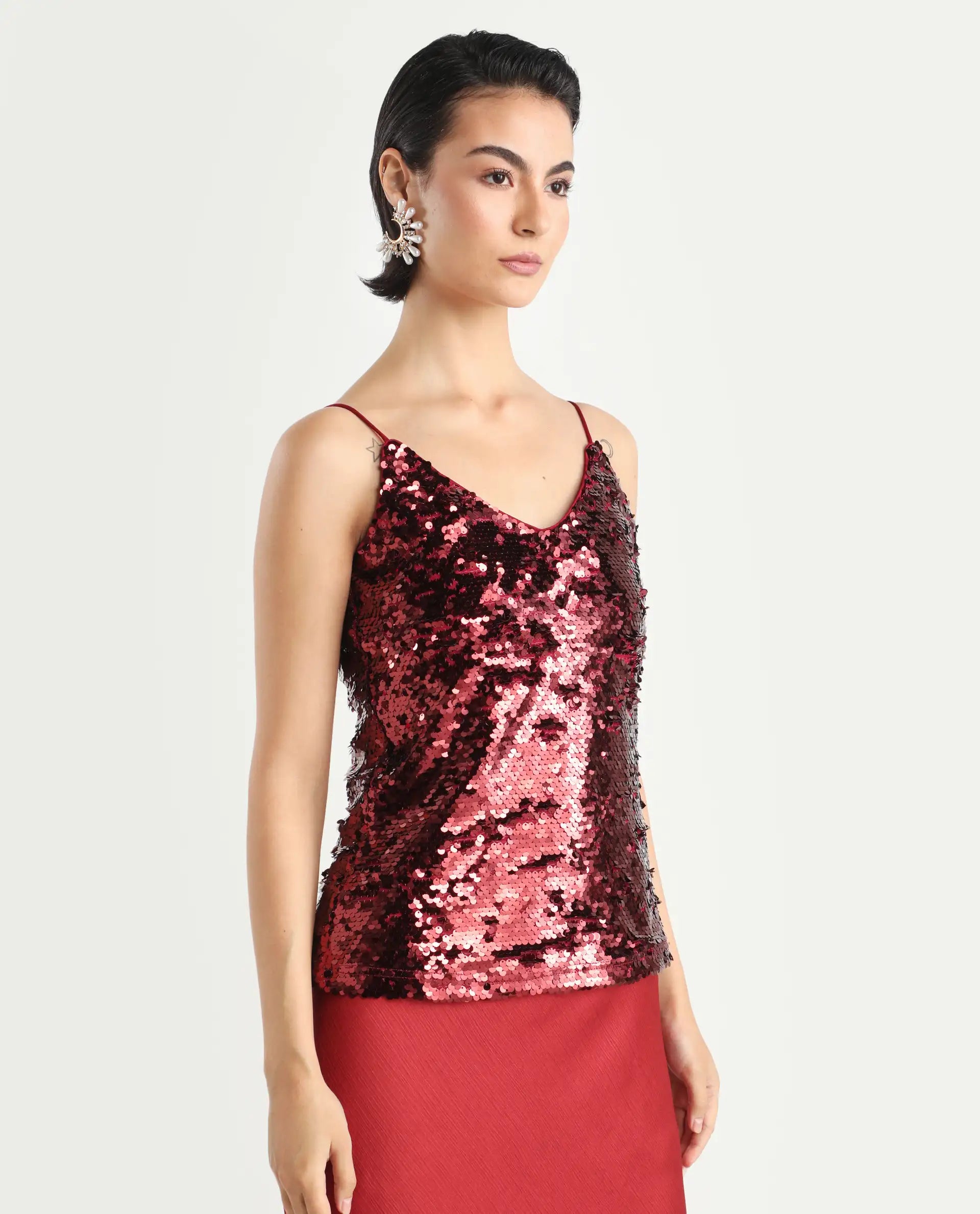 Rareism Women's Lilo Sheen Red Polyester V-Neck Sequined Shoulder Strap Regular Fit Top