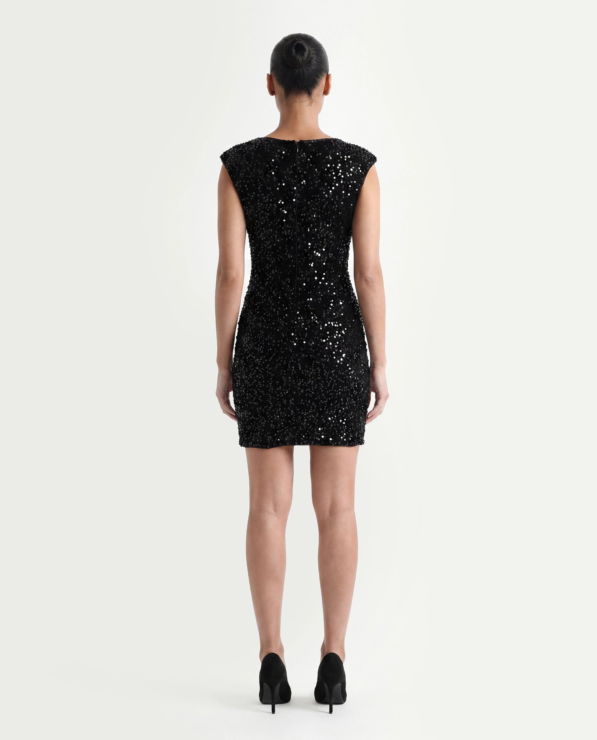 Rareism Women's Mulan Sheen Black Polyester Crew Neck Sequined Extended Sleeves Mini Regular Fit Dress