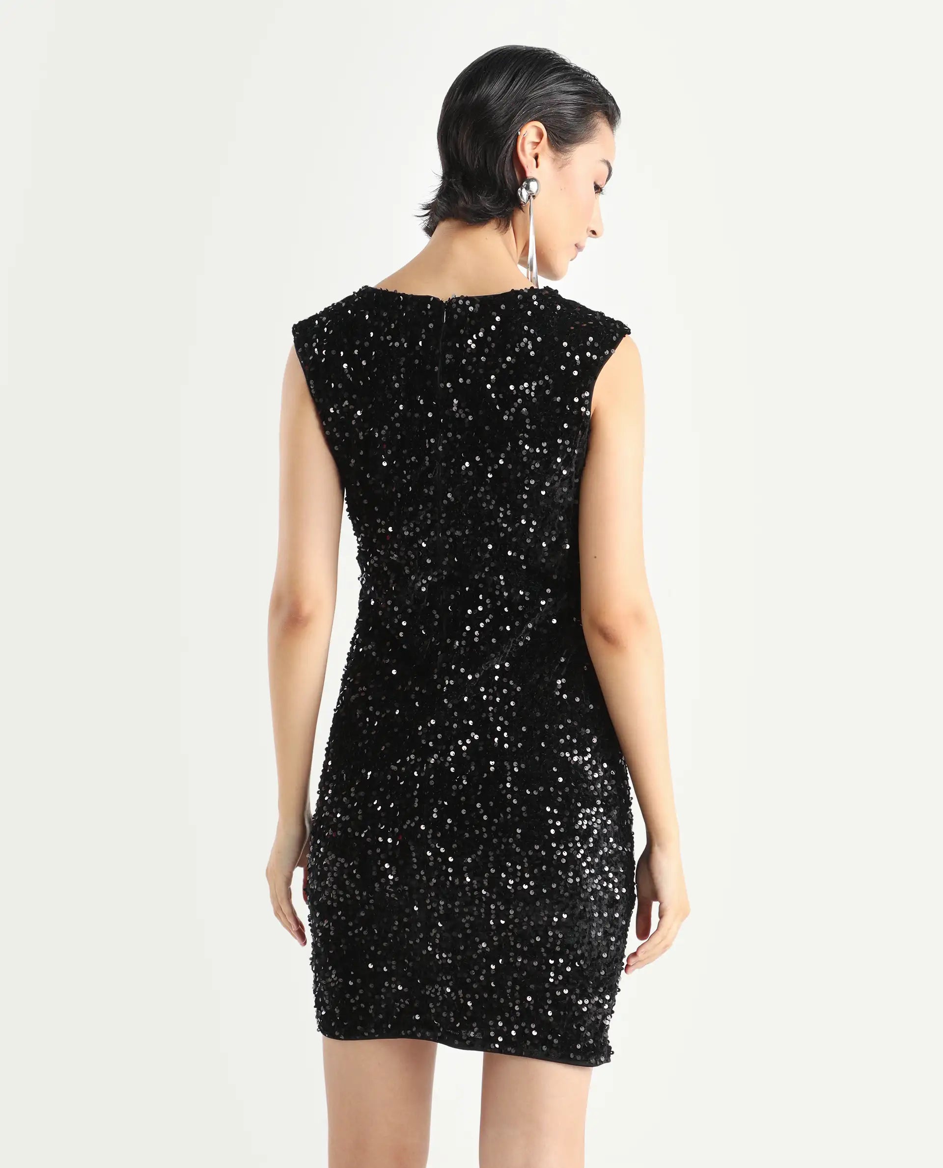 Rareism Women's Mulan Sheen Black Polyester Crew Neck Sequined Extended Sleeves Mini Regular Fit Dress