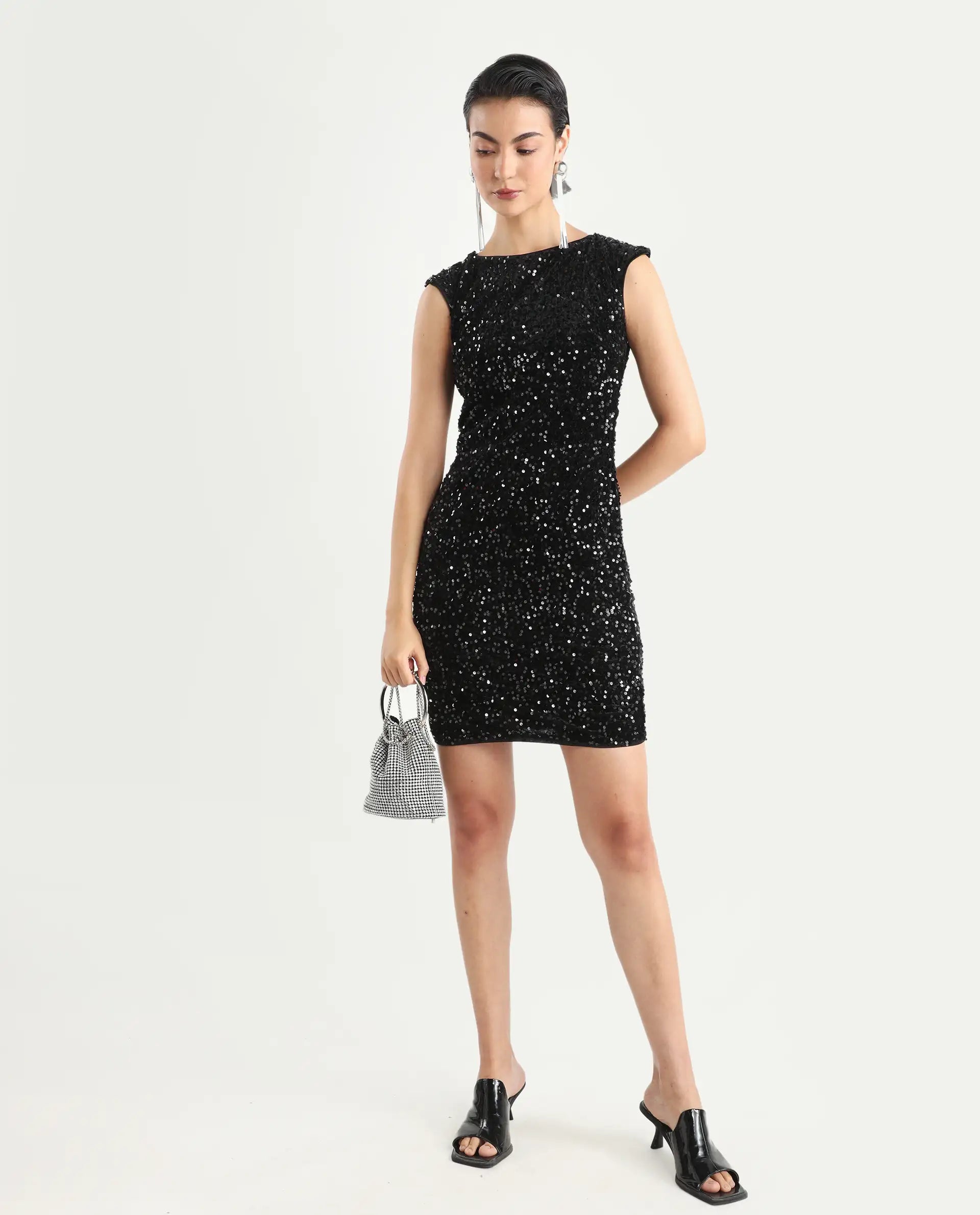 Rareism Women's Mulan Sheen Black Polyester Crew Neck Sequined Extended Sleeves Mini Regular Fit Dress