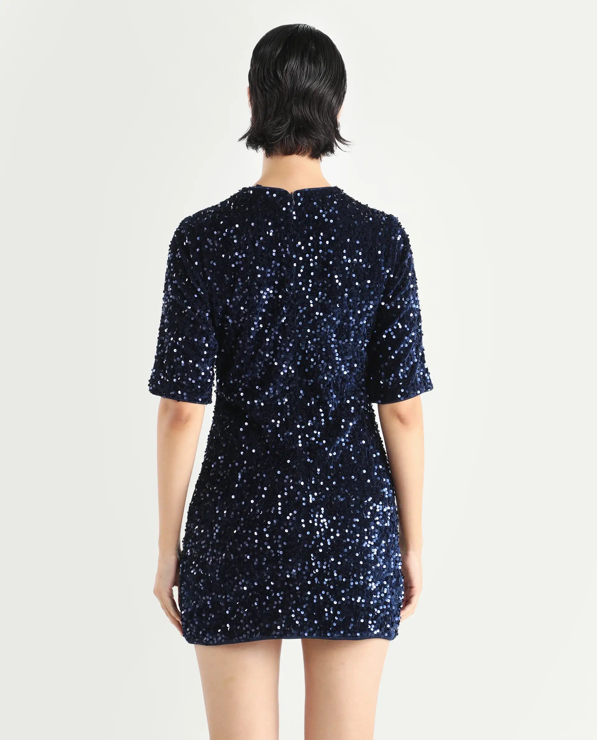 Rareism Women's Tiana Sheen Blue Polyester Crew Neck Sequined Mini A-Line Dress