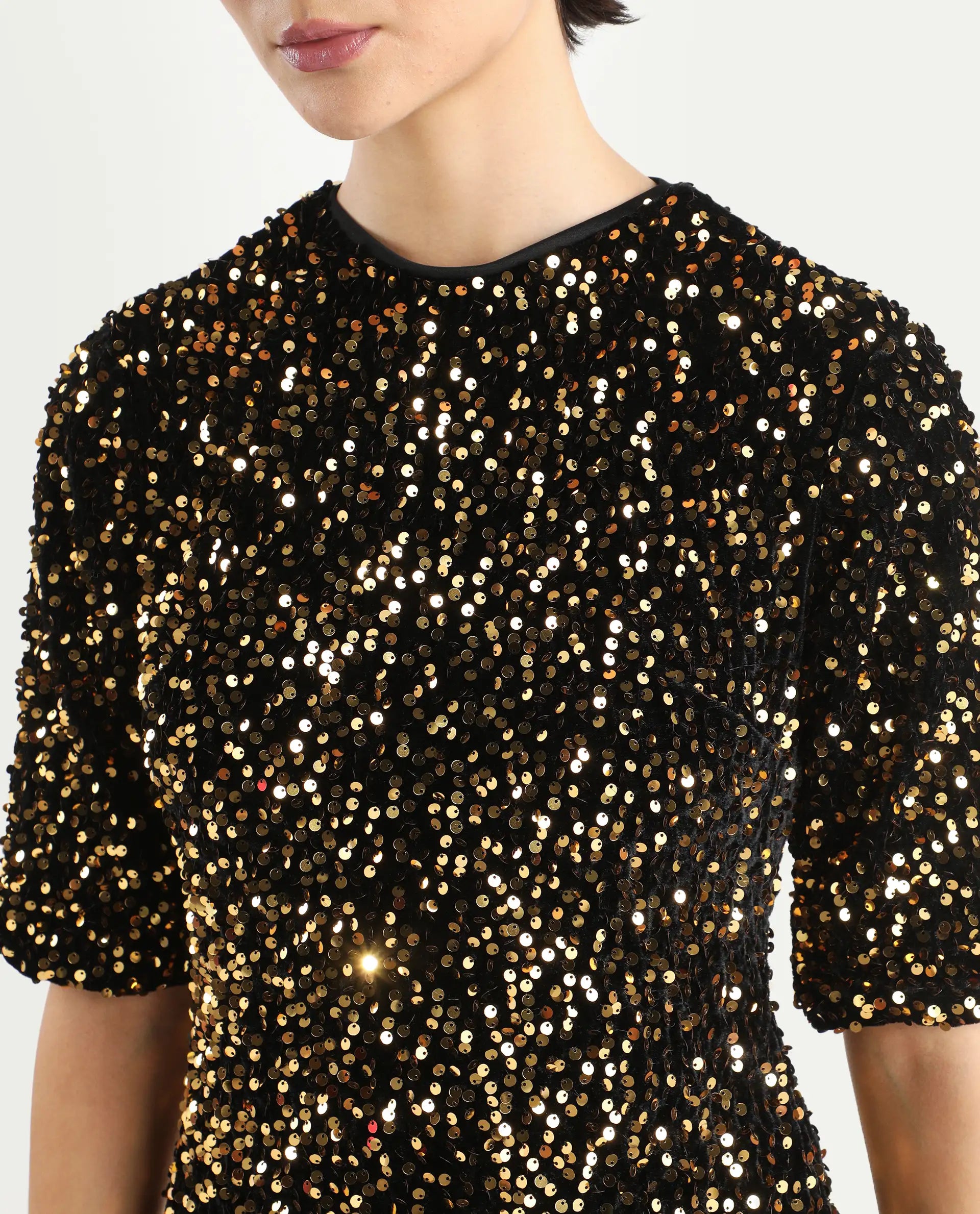 Rareism Women's Tiana Sheen Gold Polyester Crew Neck Sequined Mini A-Line Dress