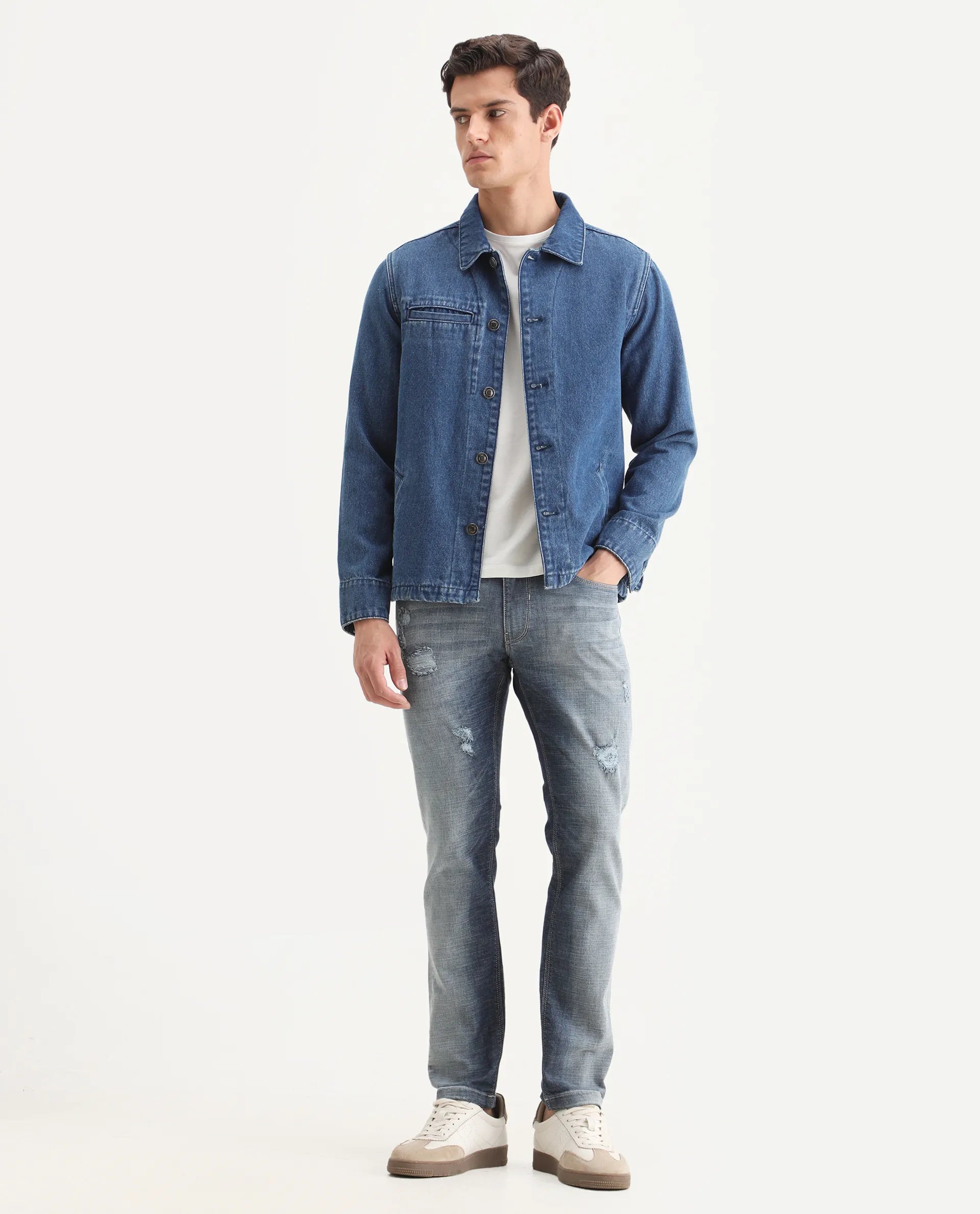 Rare Rabbit Men's Arten Light Blue Cotton Plain Hawk Slim Fit Jeans