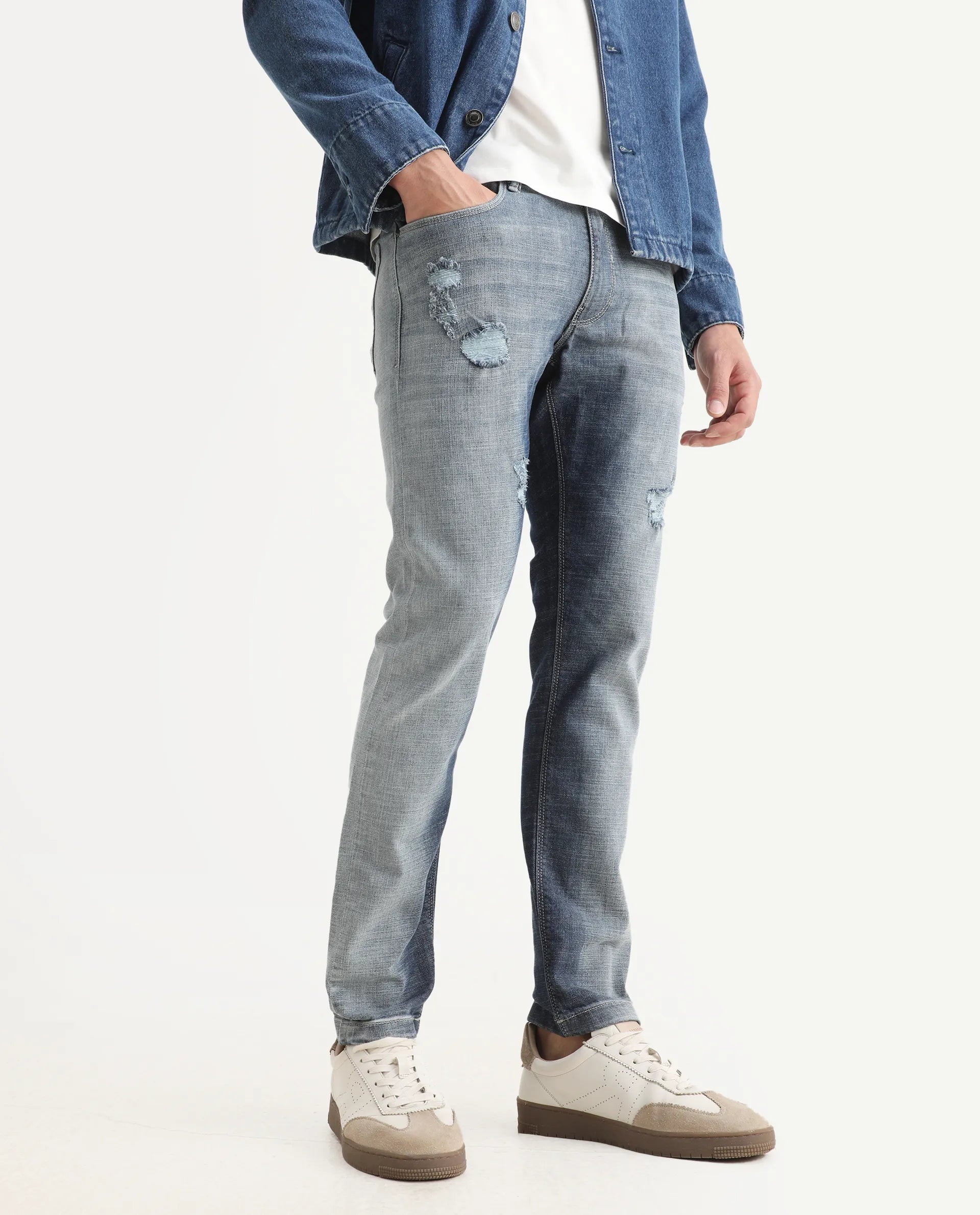 Rare Rabbit Men's Arten Light Blue Cotton Plain Hawk Slim Fit Jeans