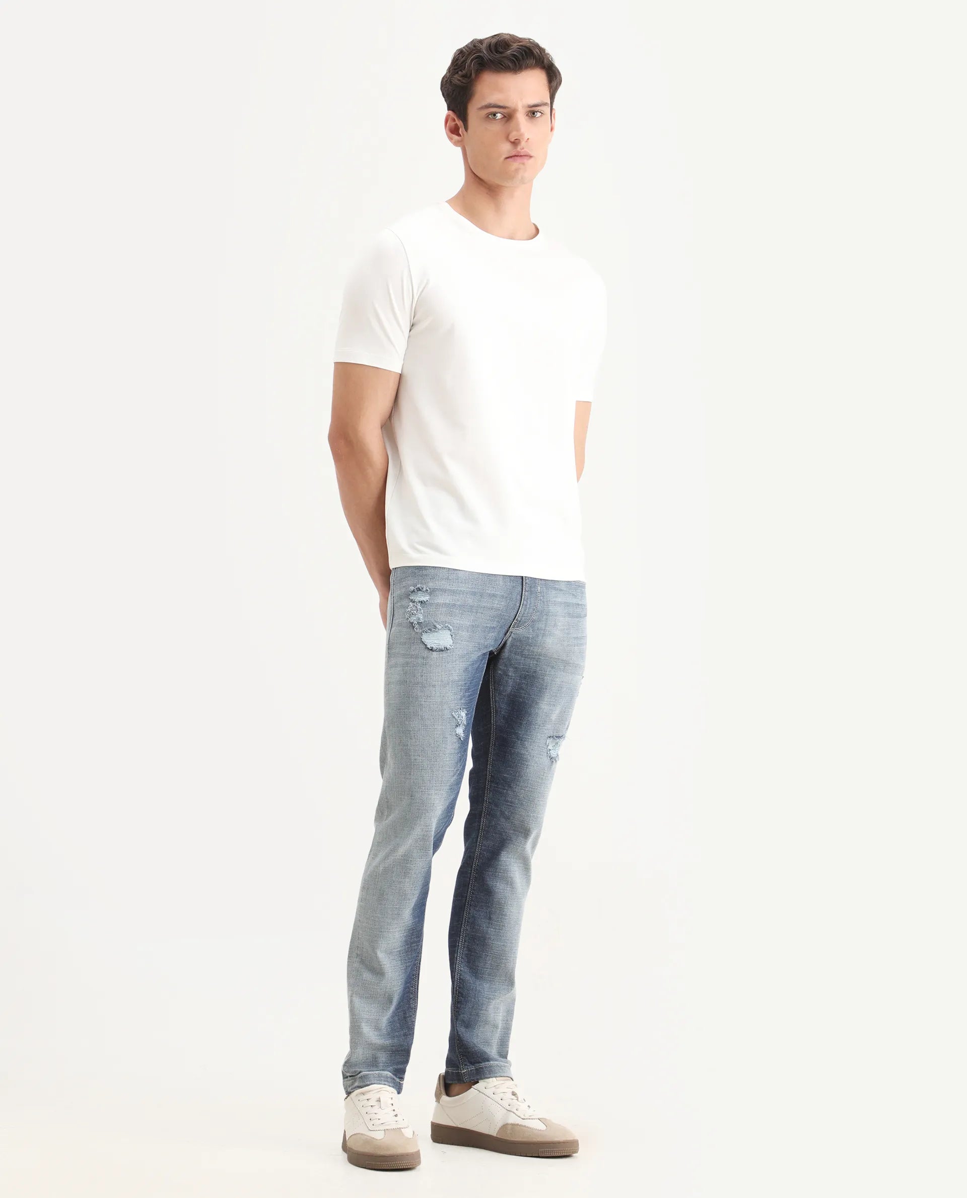 Rare Rabbit Men's Arten Light Blue Cotton Plain Hawk Slim Fit Jeans