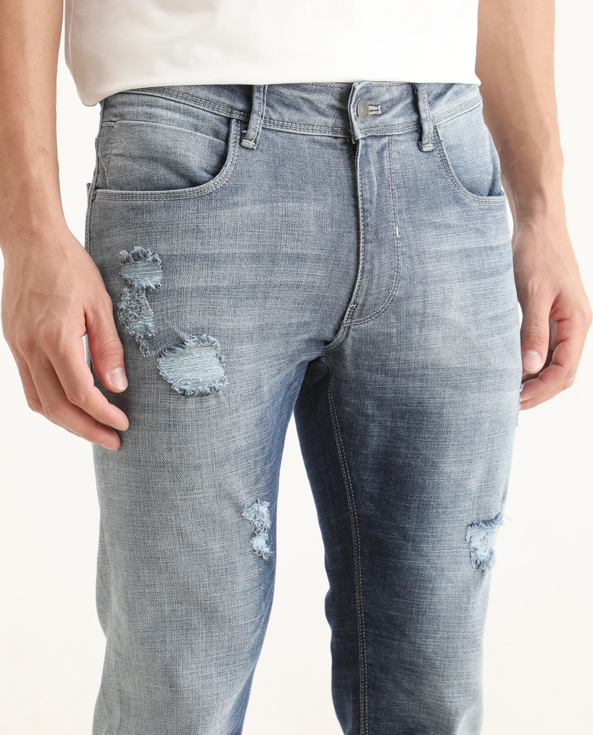 Rare Rabbit Men's Arten Light Blue Cotton Plain Hawk Slim Fit Jeans