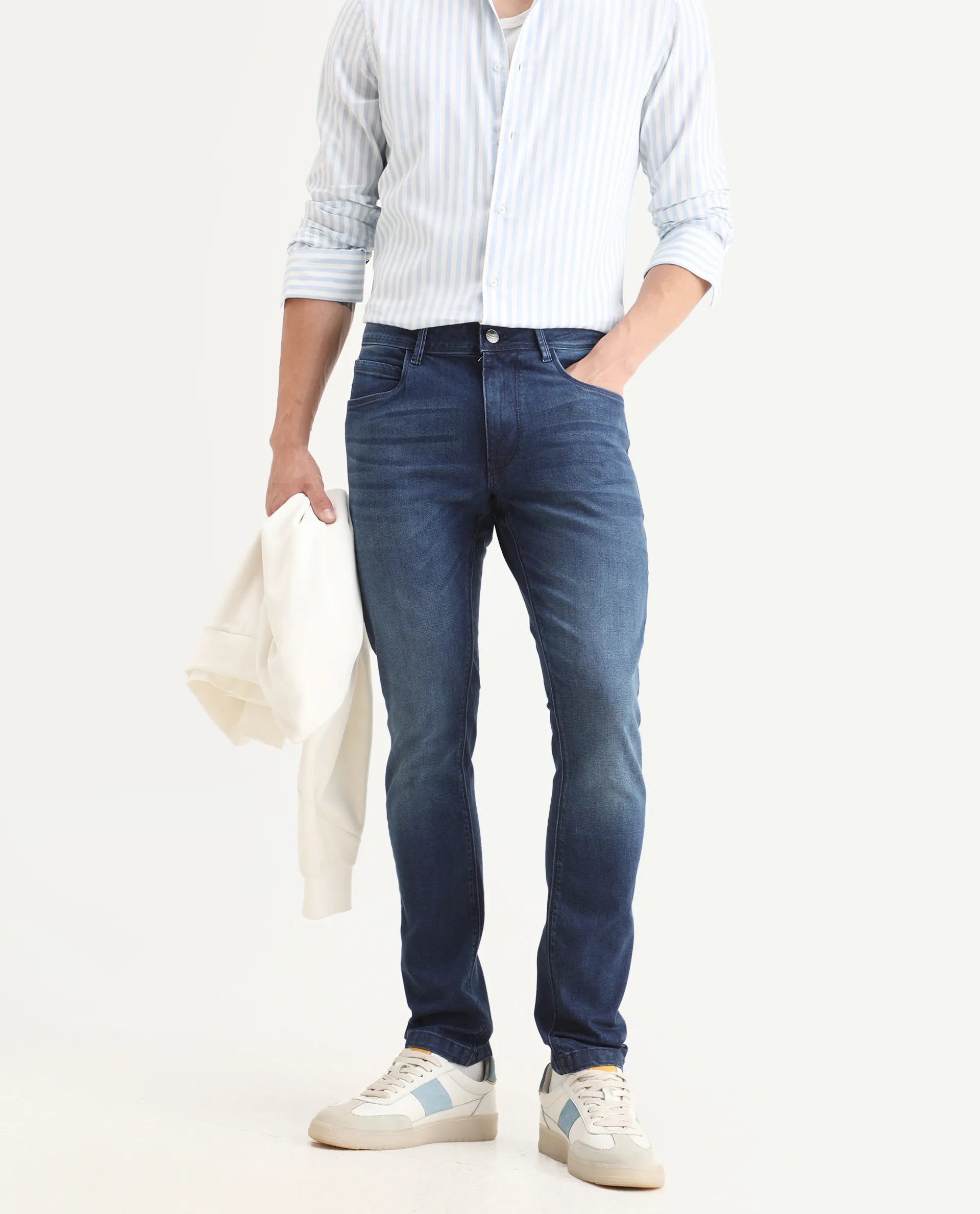 Rare Rabbit Men's Night Dusky Blue Cotton Plain Hawk Slim Fit Jeans