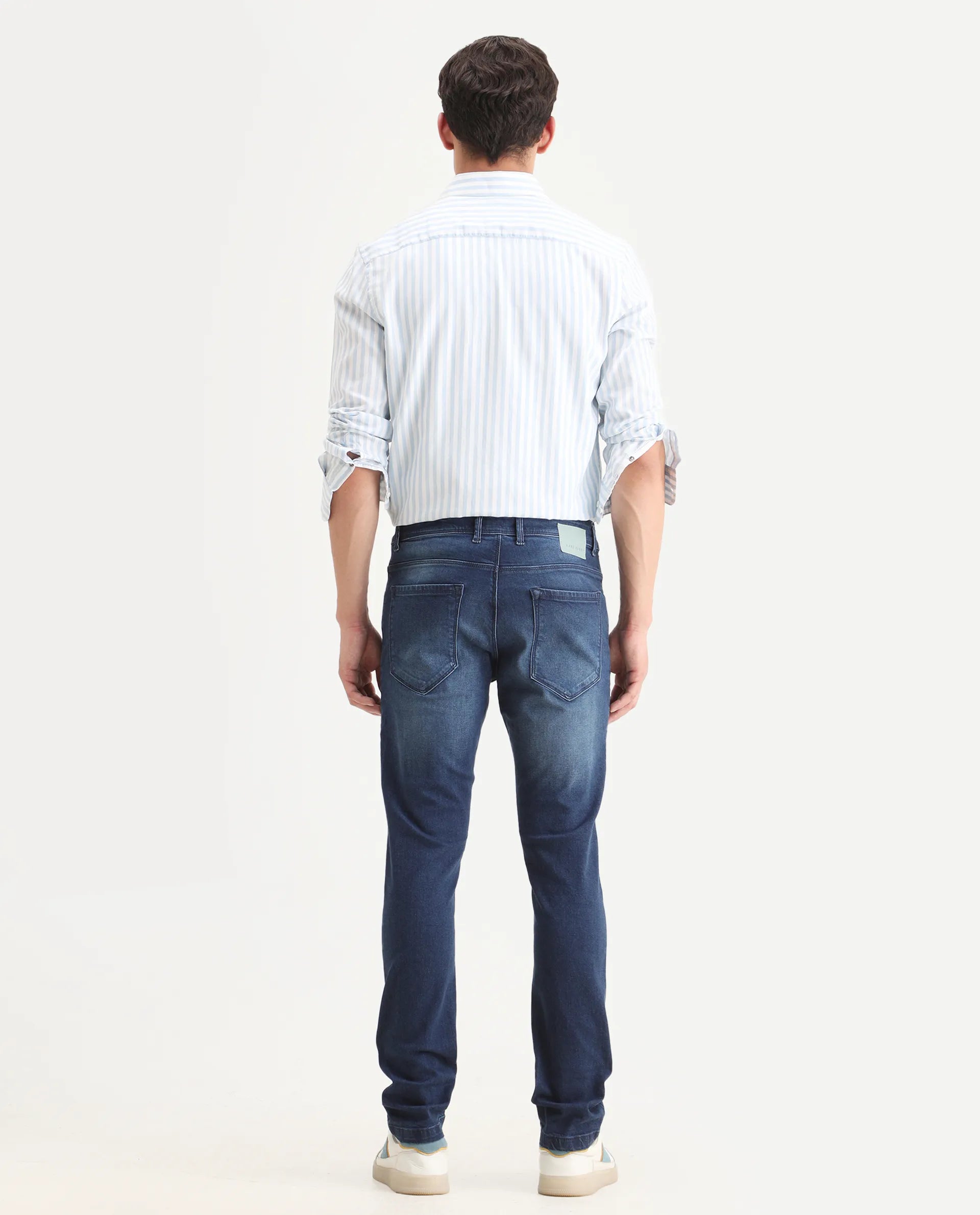 Rare Rabbit Men's Night Dusky Blue Cotton Plain Hawk Slim Fit Jeans