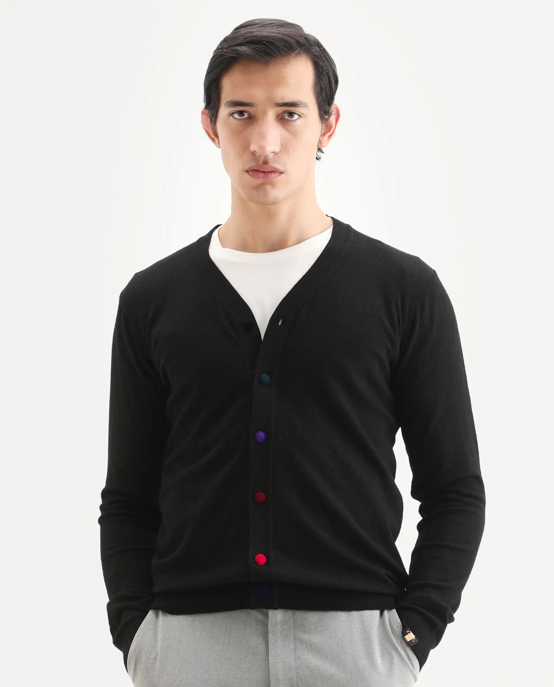 Rare Rabbit Men's Gem Black Sweater Button Closure Solid Pattern