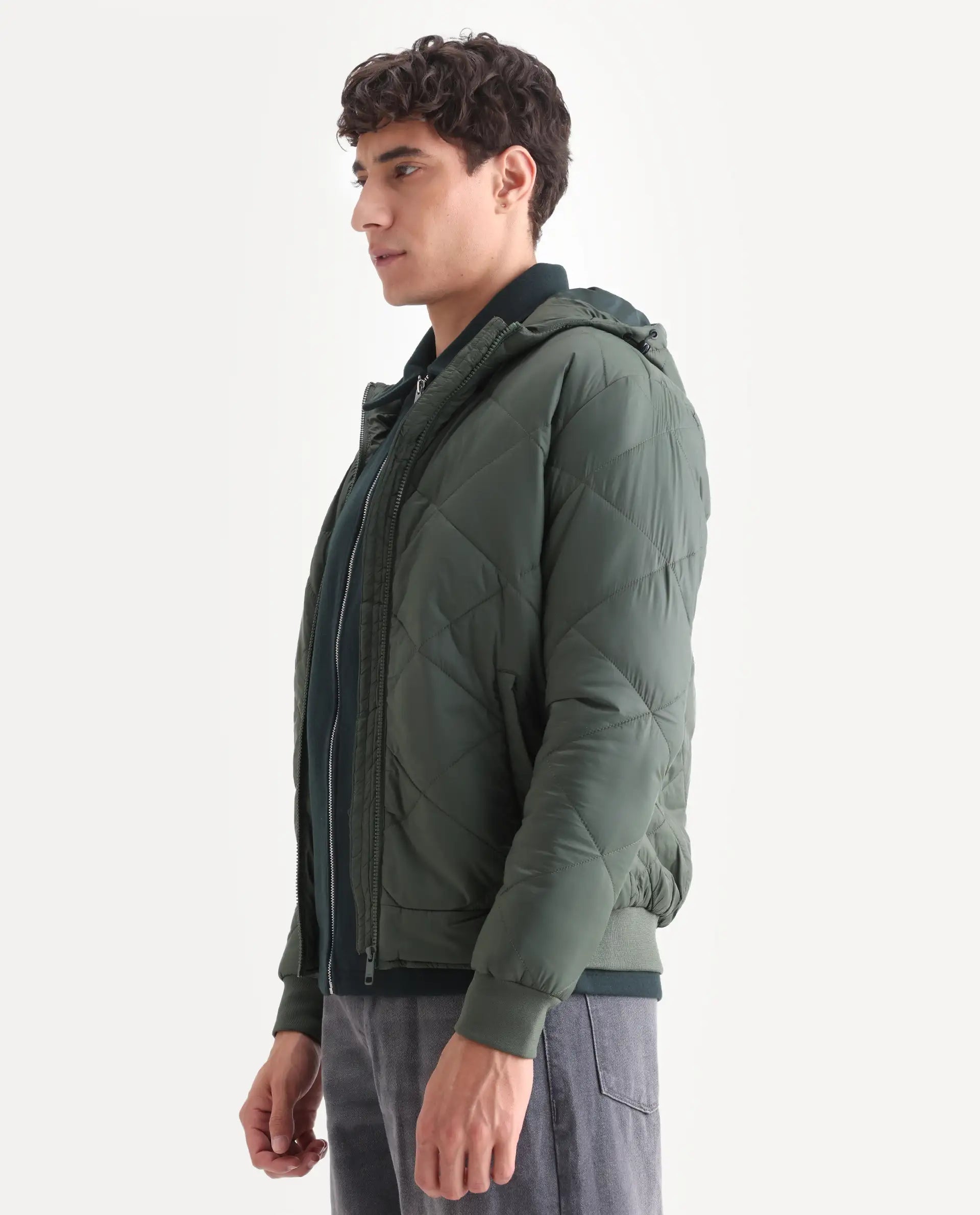 Rare Rabbit Men's Parco Dark Green Nylon Plain Regular Fit Full Sleeve Hooded Jacket