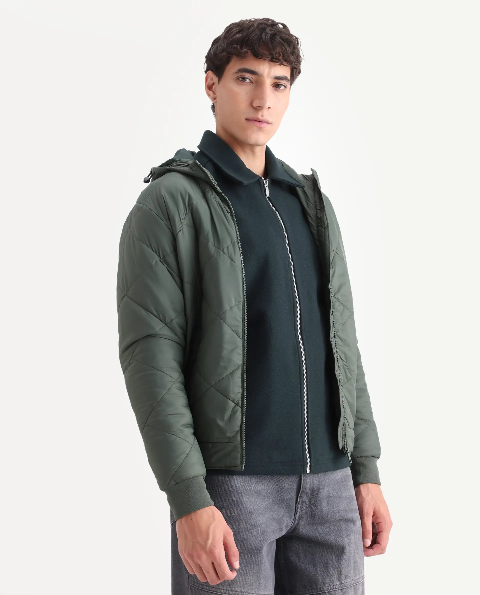 Rare Rabbit Men's Parco Dark Green Nylon Plain Regular Fit Full Sleeve Hooded Jacket