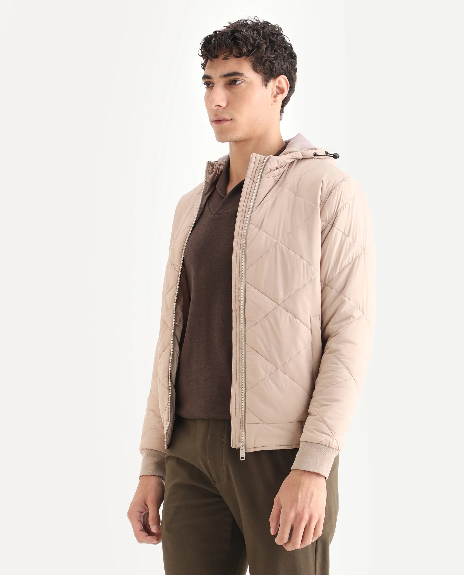 Rare Rabbit Men's Parco Dark Beige Nylon Plain Regular Fit Full Sleeve Hooded Jacket