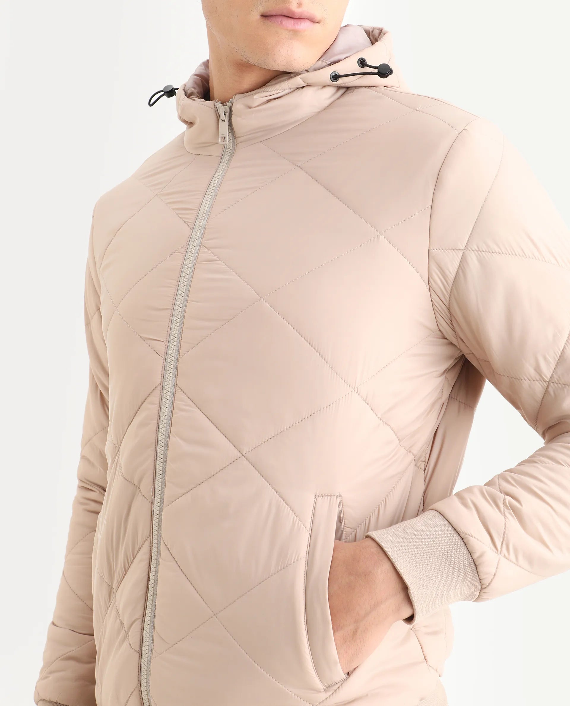 Rare Rabbit Men's Parco Dark Beige Nylon Plain Regular Fit Full Sleeve Hooded Jacket