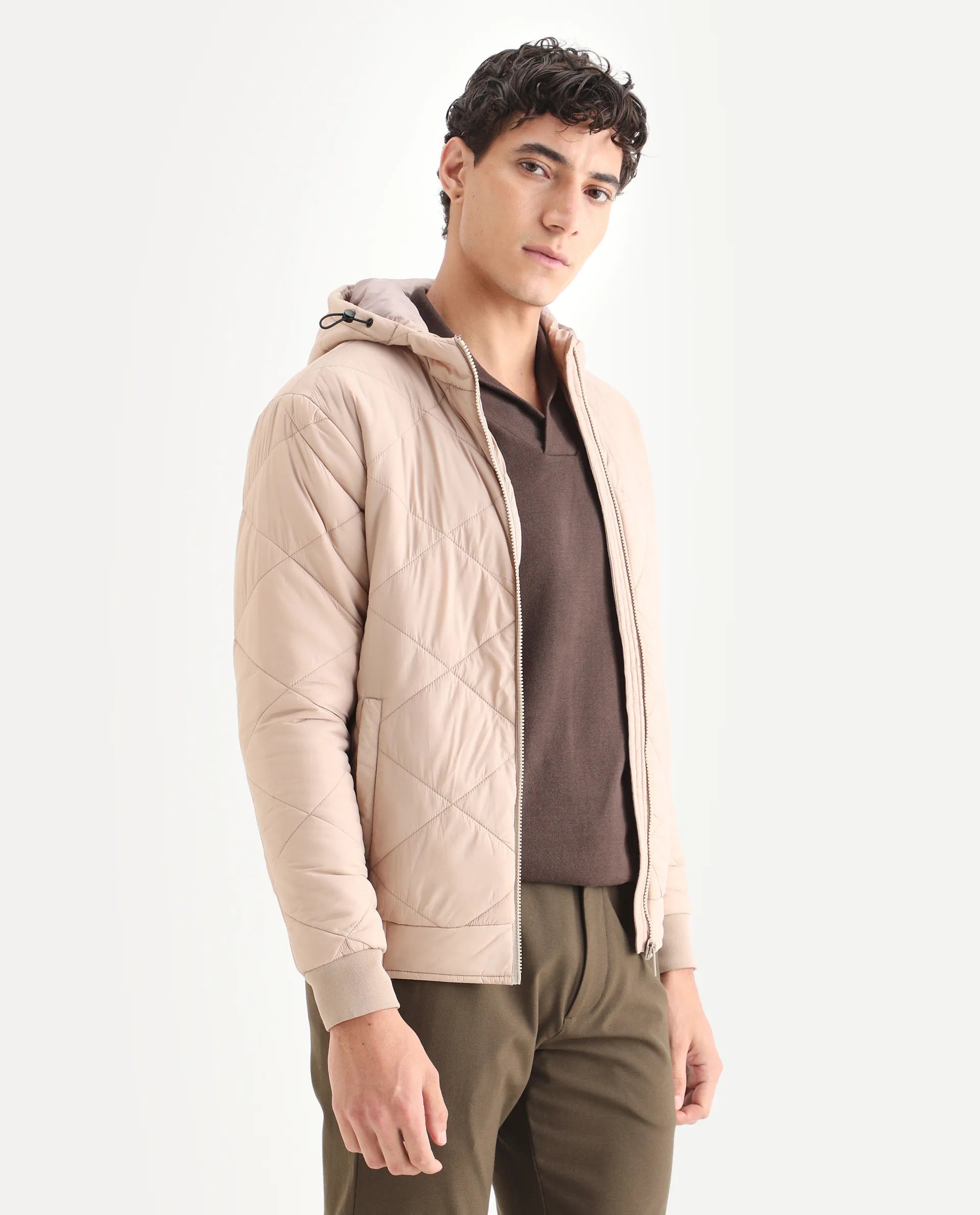 Rare Rabbit Men's Parco Dark Beige Nylon Plain Regular Fit Full Sleeve Hooded Jacket