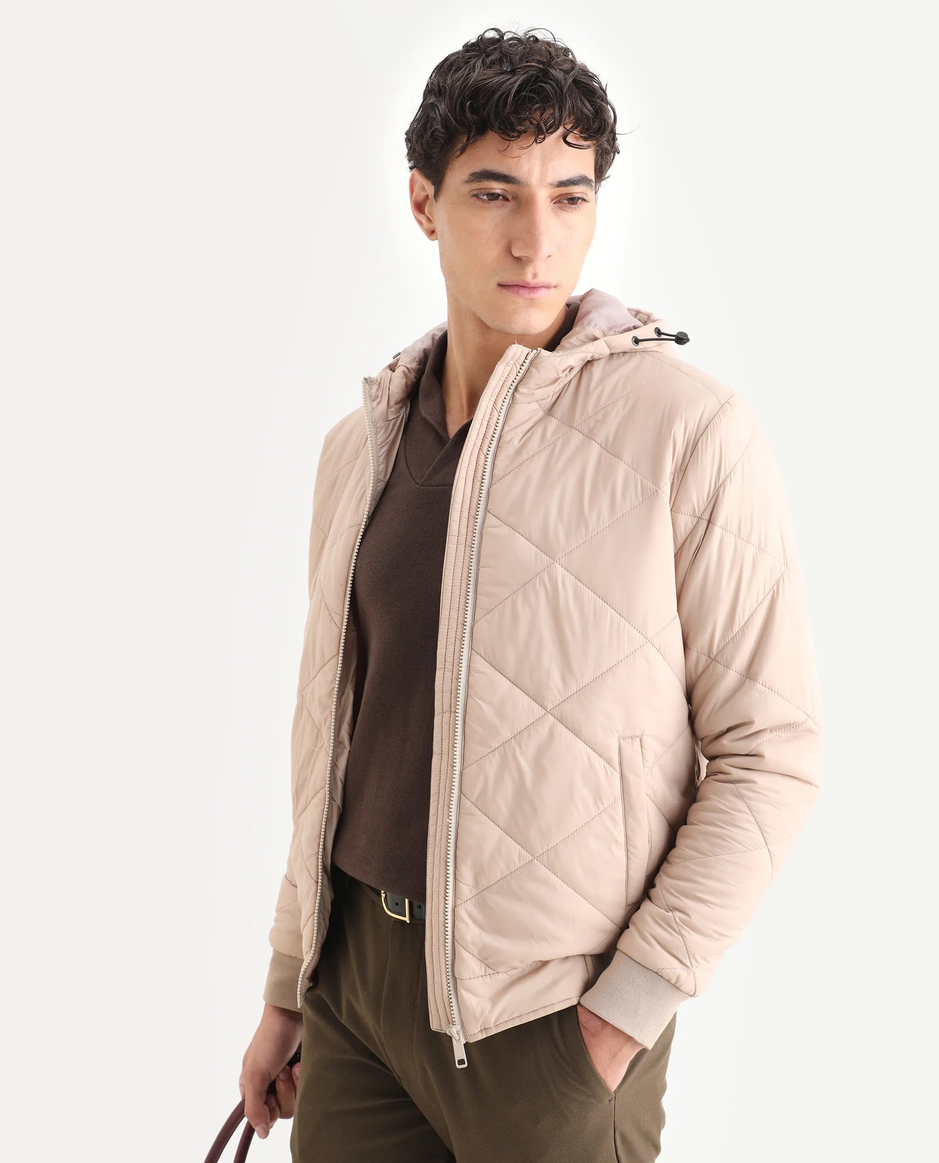 Rare Rabbit Men's Parco Dark Beige Nylon Plain Regular Fit Full Sleeve Hooded Jacket