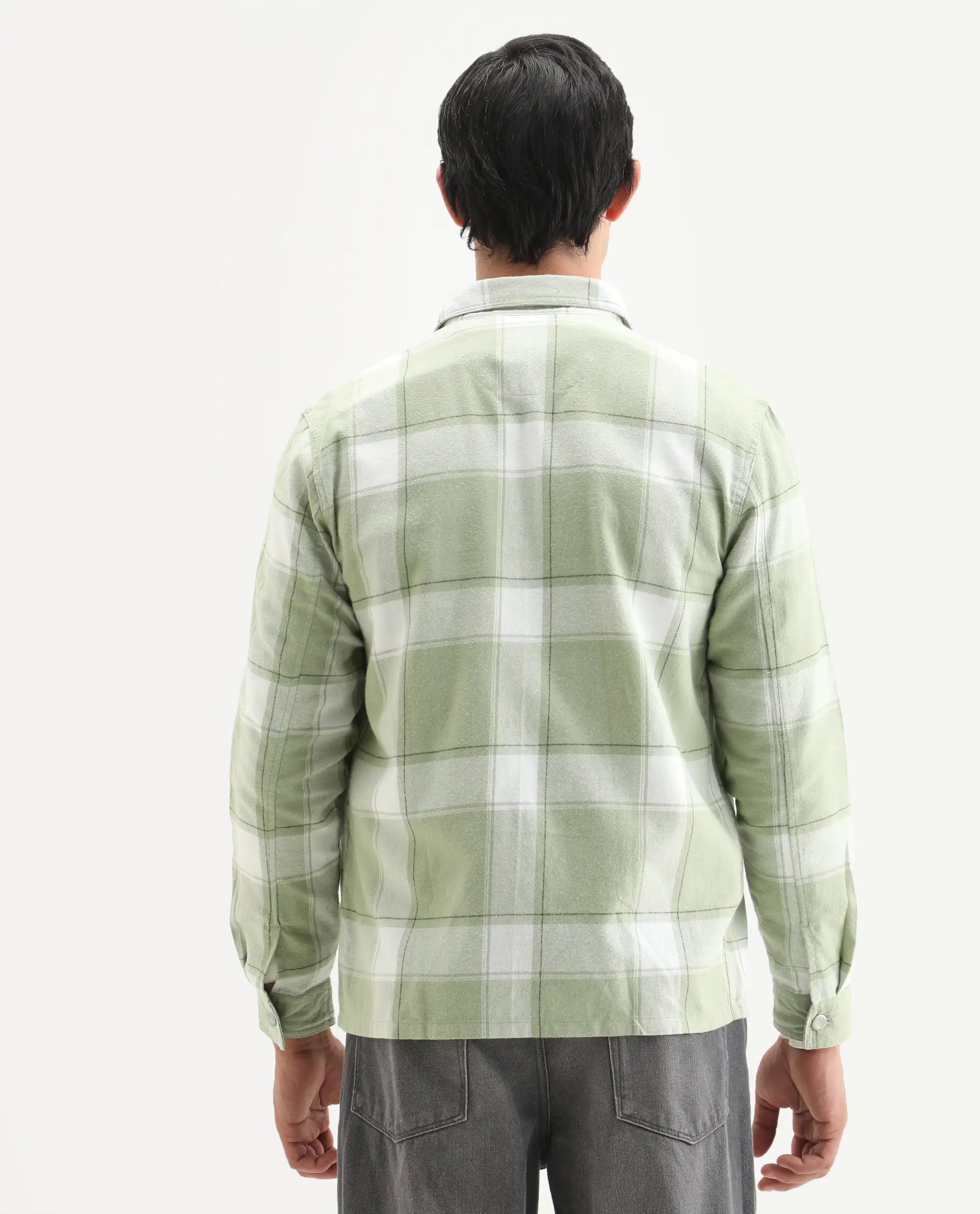 Rare Rabbit Men's Areo Pastel Green Cotton Checked Print Relaxed Fit Full Sleeve Collared Shacket