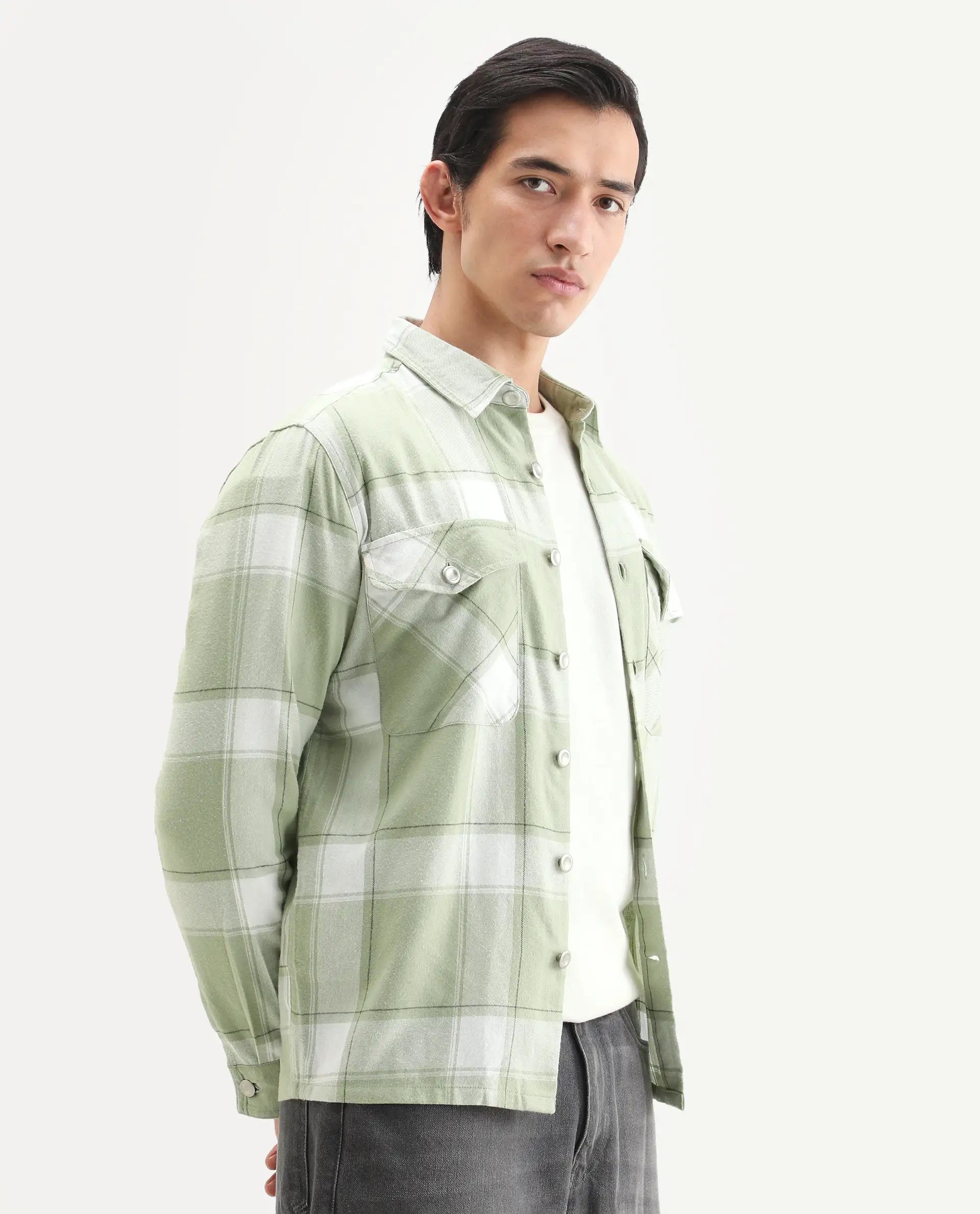Rare Rabbit Men's Areo Pastel Green Cotton Checked Print Relaxed Fit Full Sleeve Collared Shacket