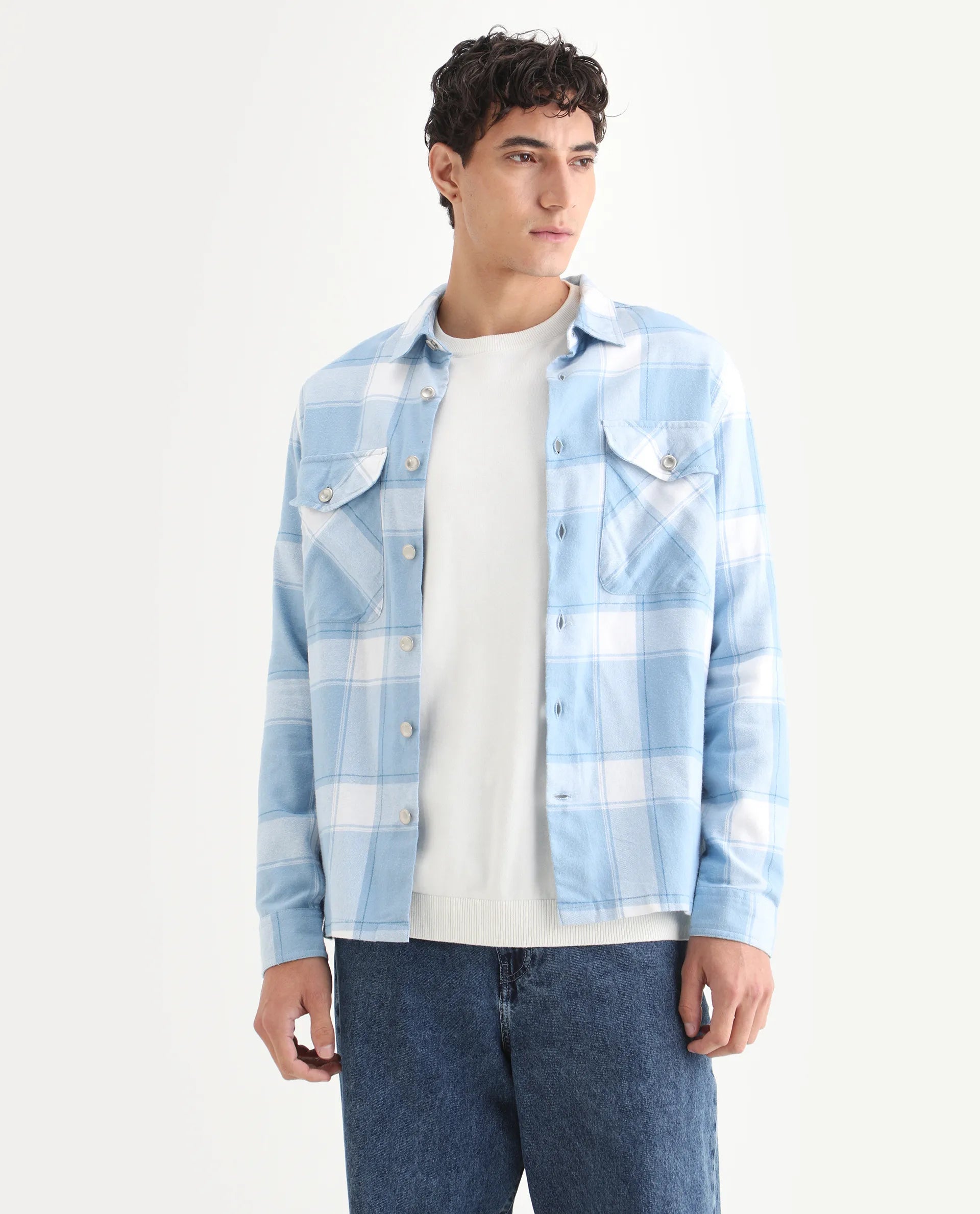 Rare Rabbit Men's Areo Pastel Blue Cotton Checked Print Relaxed Fit Full Sleeve Collared Shacket