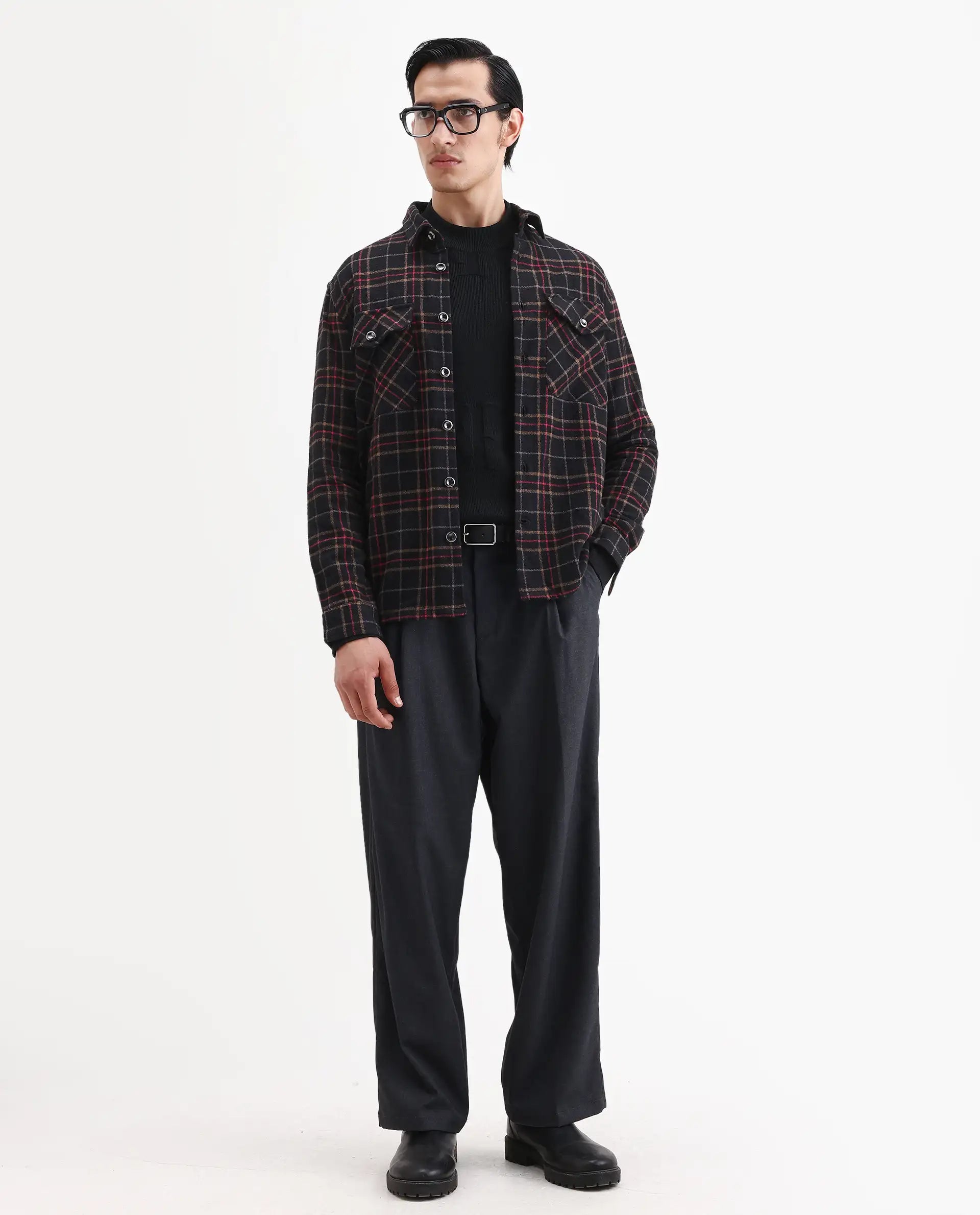 Rare Rabbit Men's Roche Black Cotton Checked Print Relaxed Fit Full Sleeve Collared Shacket