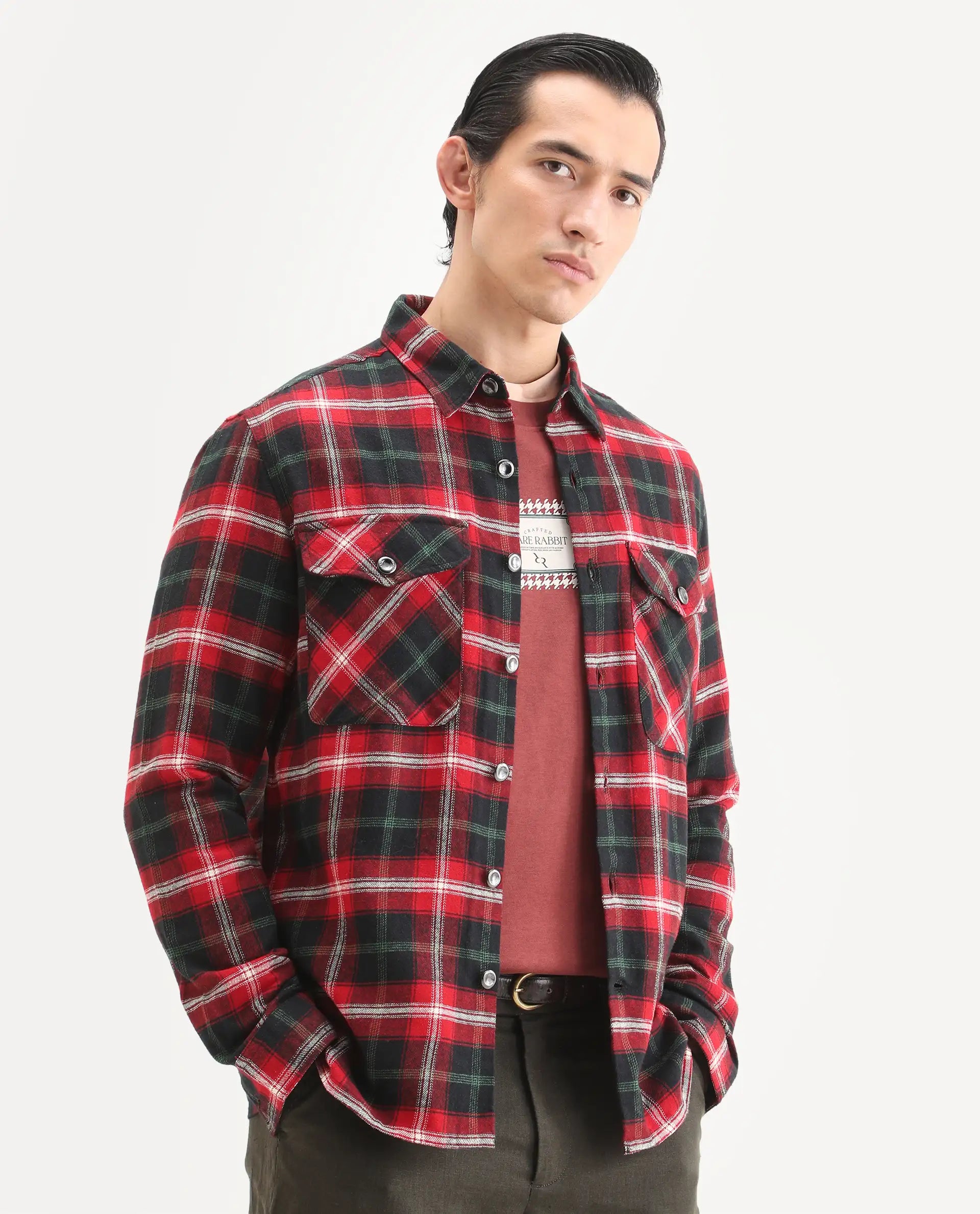 Rare Rabbit Men's Bardot Dark Red Cotton Checked Print Relaxed Fit Full Sleeve Collared Shacket