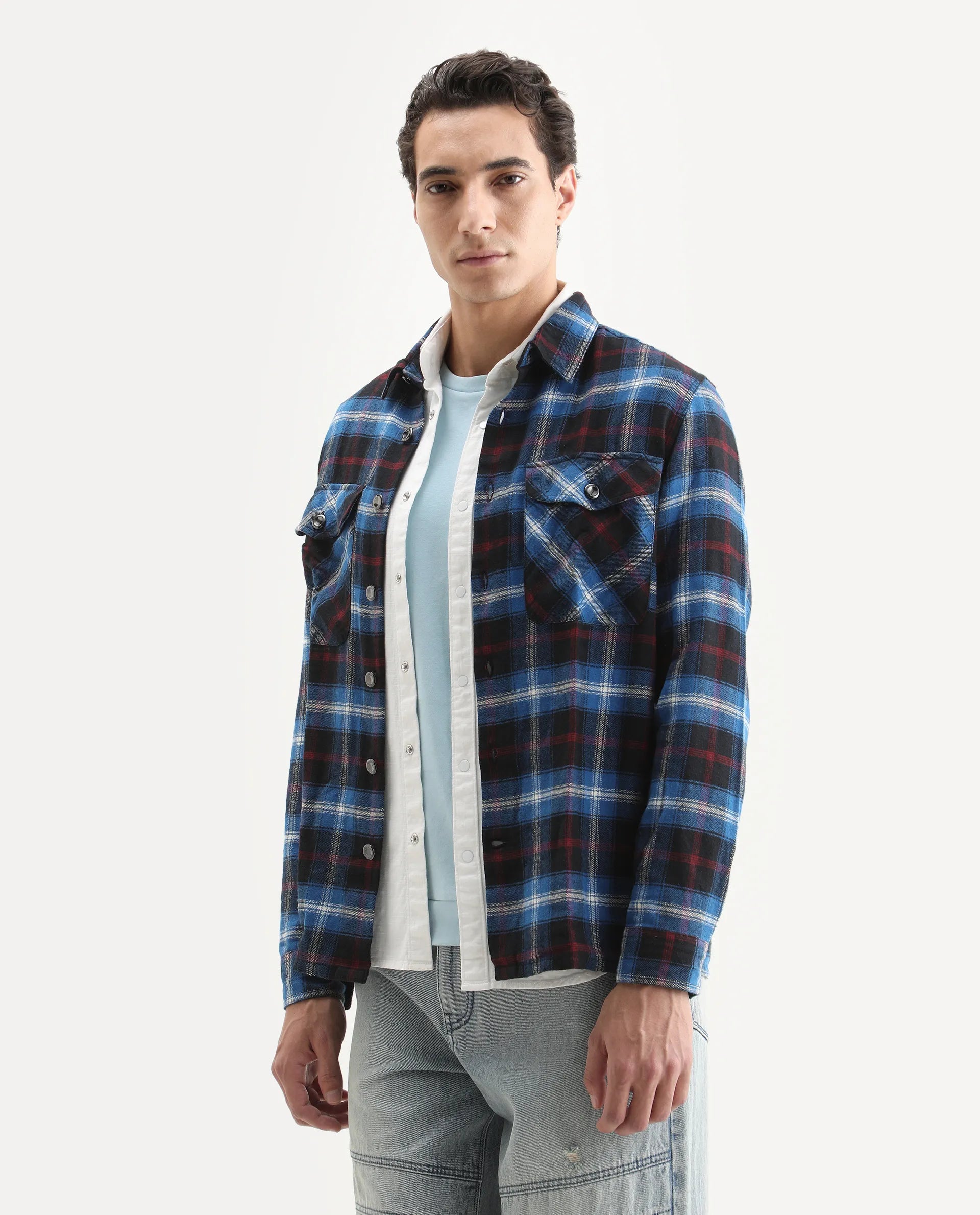 Rare Rabbit Men's Bardot Dark Blue Cotton Checked Print Relaxed Fit Full Sleeve Collared Shacket