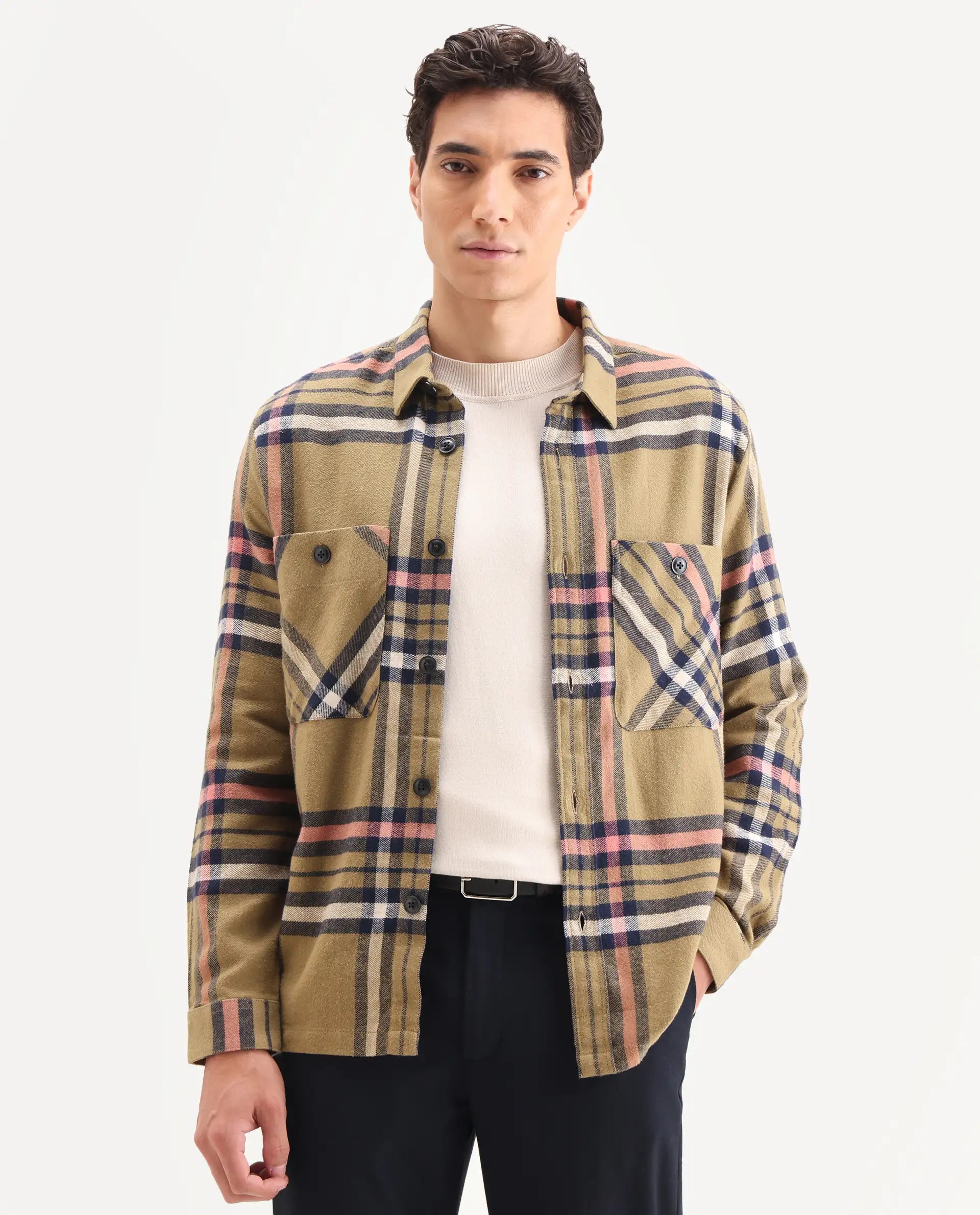 Rare Rabbit Men's Estro Light Green Cotton Checked Print Relaxed Fit Full Sleeve Collared Shacket