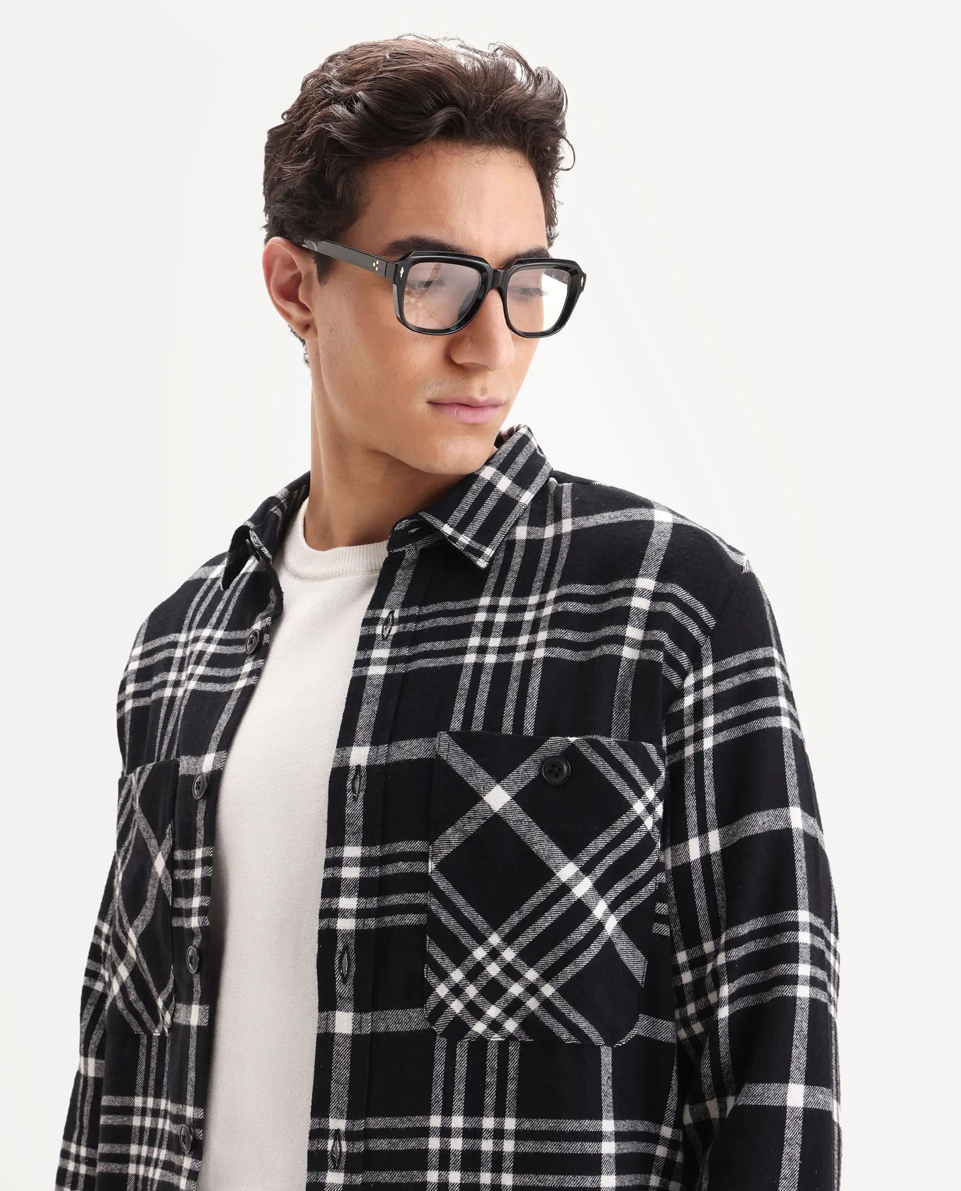 Rare Rabbit Men's Rousso Black Cotton Checked Print Relaxed Fit Full Sleeve Collared Shacket