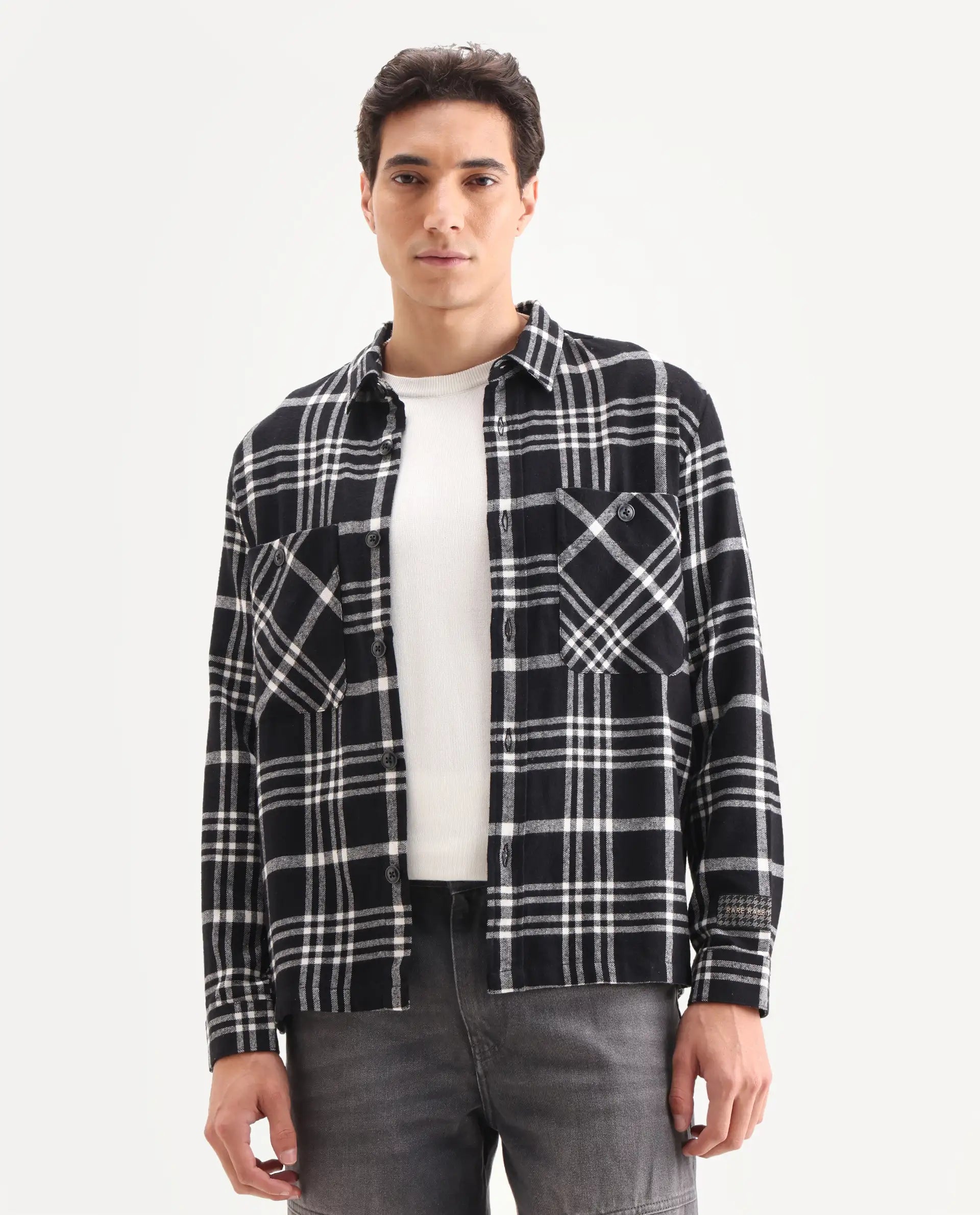 Rare Rabbit Men's Rousso Black Cotton Checked Print Relaxed Fit Full Sleeve Collared Shacket