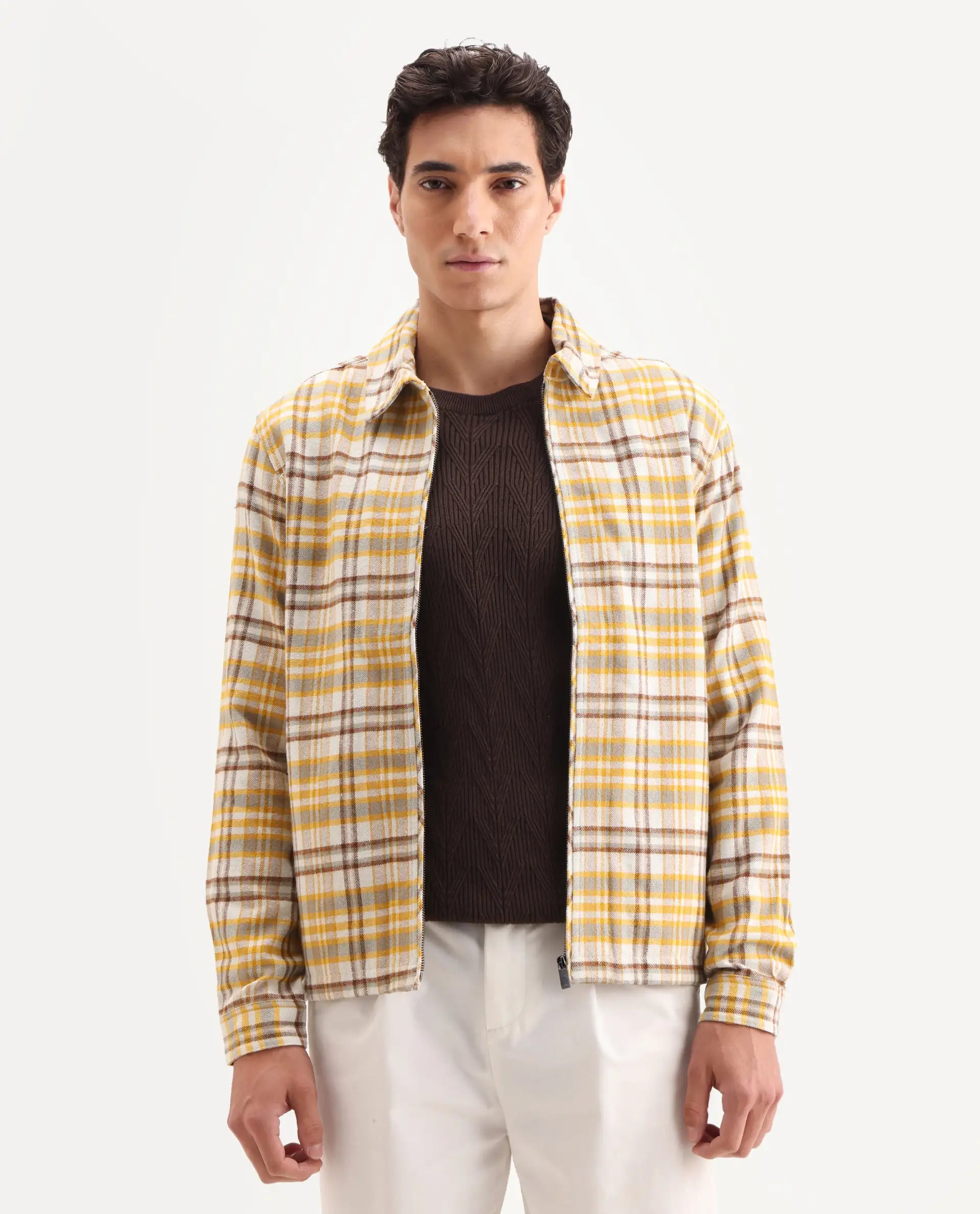 Rare Rabbit Men's Marino Yellow Cotton Checked Print Relaxed Fit Full Sleeve Collared Shacket