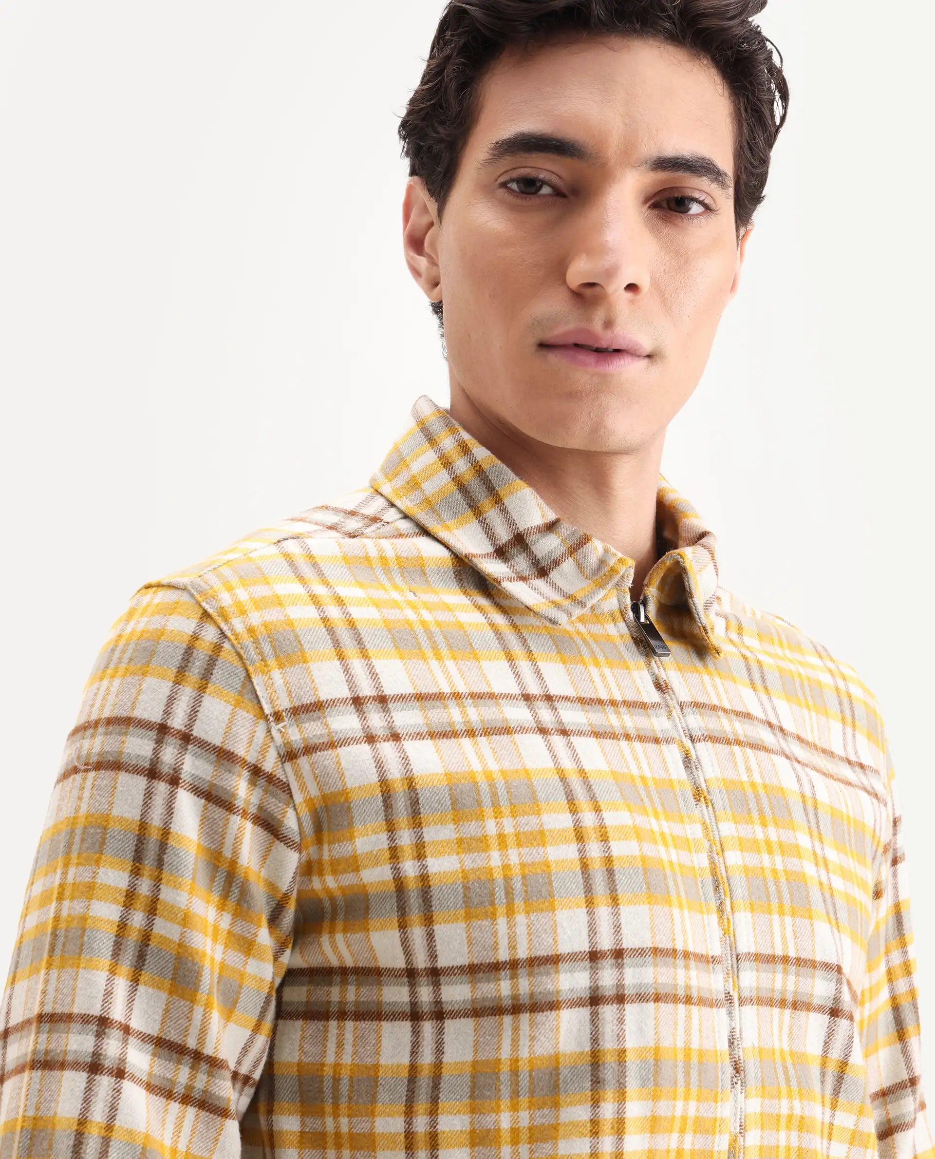 Rare Rabbit Men's Marino Yellow Cotton Checked Print Relaxed Fit Full Sleeve Collared Shacket