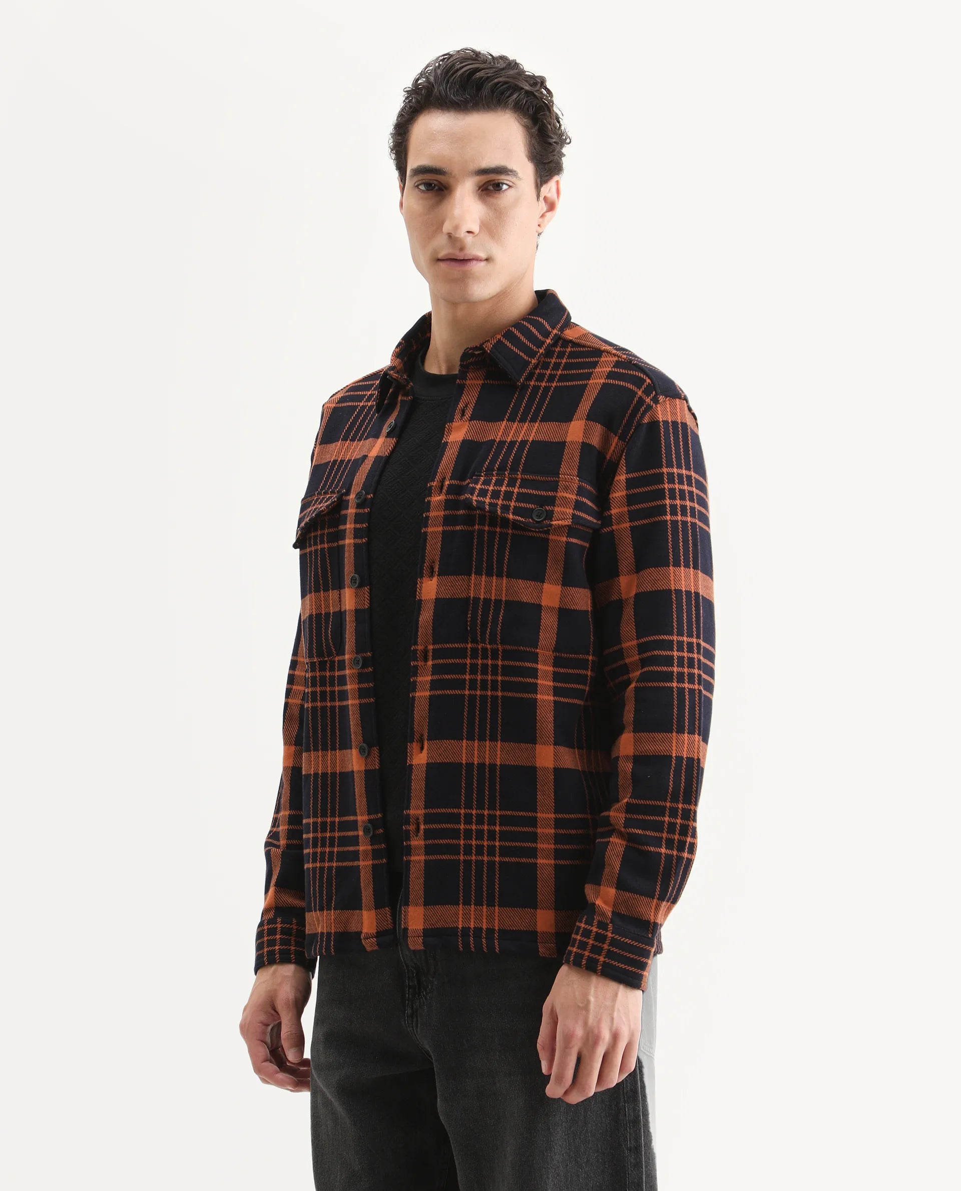 Rare Rabbit Men's Vega Black Cotton Checked Print Relaxed Fit Full Sleeve Collared Shacket