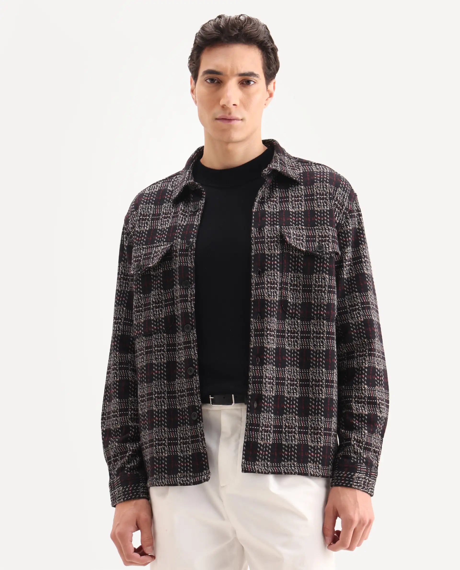 Rare Rabbit Men's Torija Black Cotton Checked Print Relaxed Fit Full Sleeve Collared Shacket