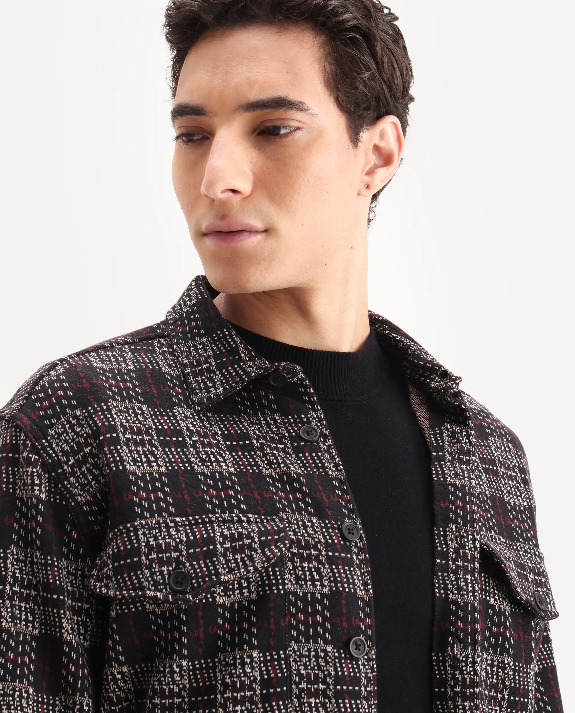 Rare Rabbit Men's Torija Black Cotton Checked Print Relaxed Fit Full Sleeve Collared Shacket