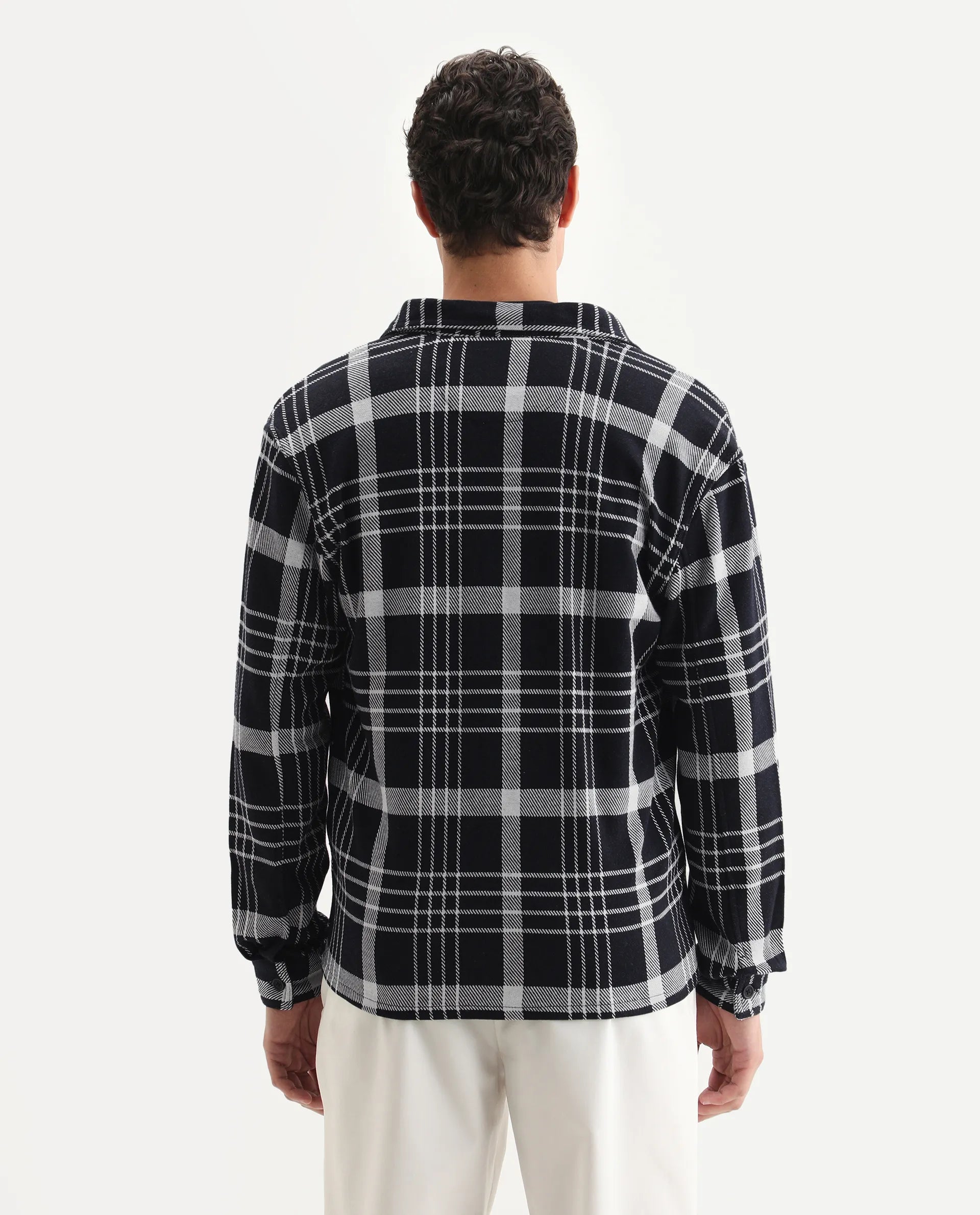 Rare Rabbit Men's Trillo Dark Navy Cotton Checked Print Relaxed Fit Full Sleeve Collared Shacket