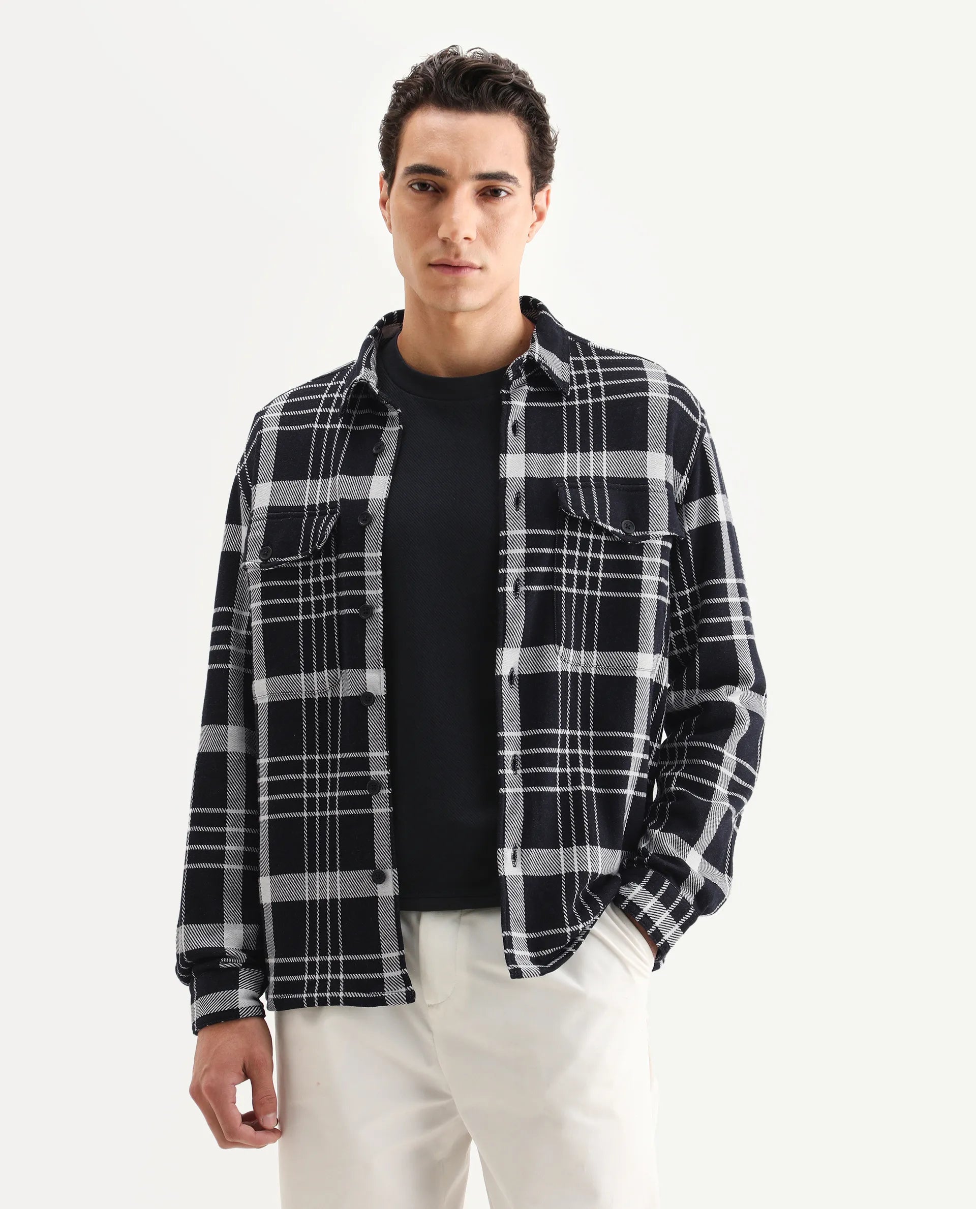 Rare Rabbit Men's Trillo Dark Navy Cotton Checked Print Relaxed Fit Full Sleeve Collared Shacket
