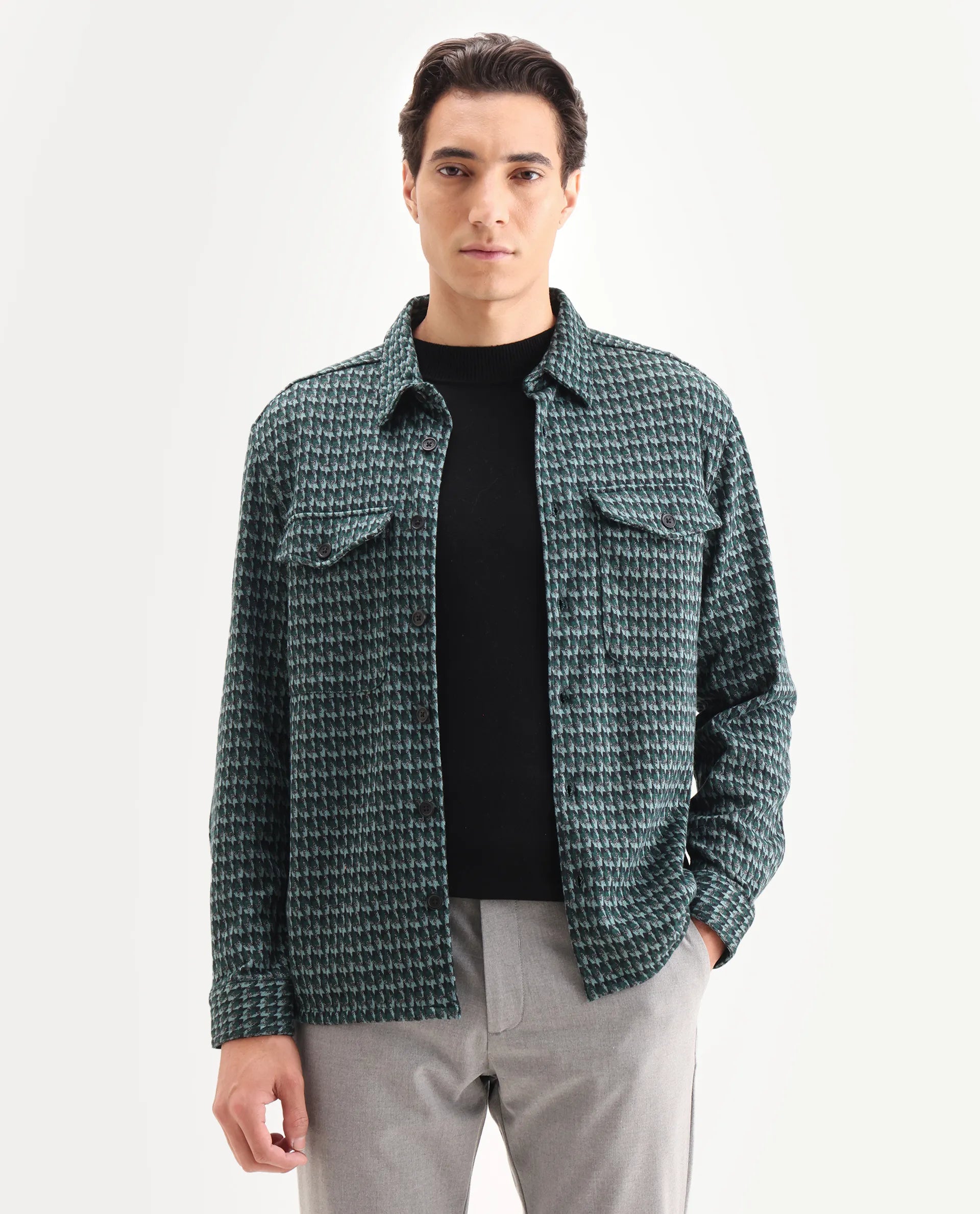Rare Rabbit Men's Rodez Green Cotton Checked Print Relaxed Fit Full Sleeve Collared Shacket
