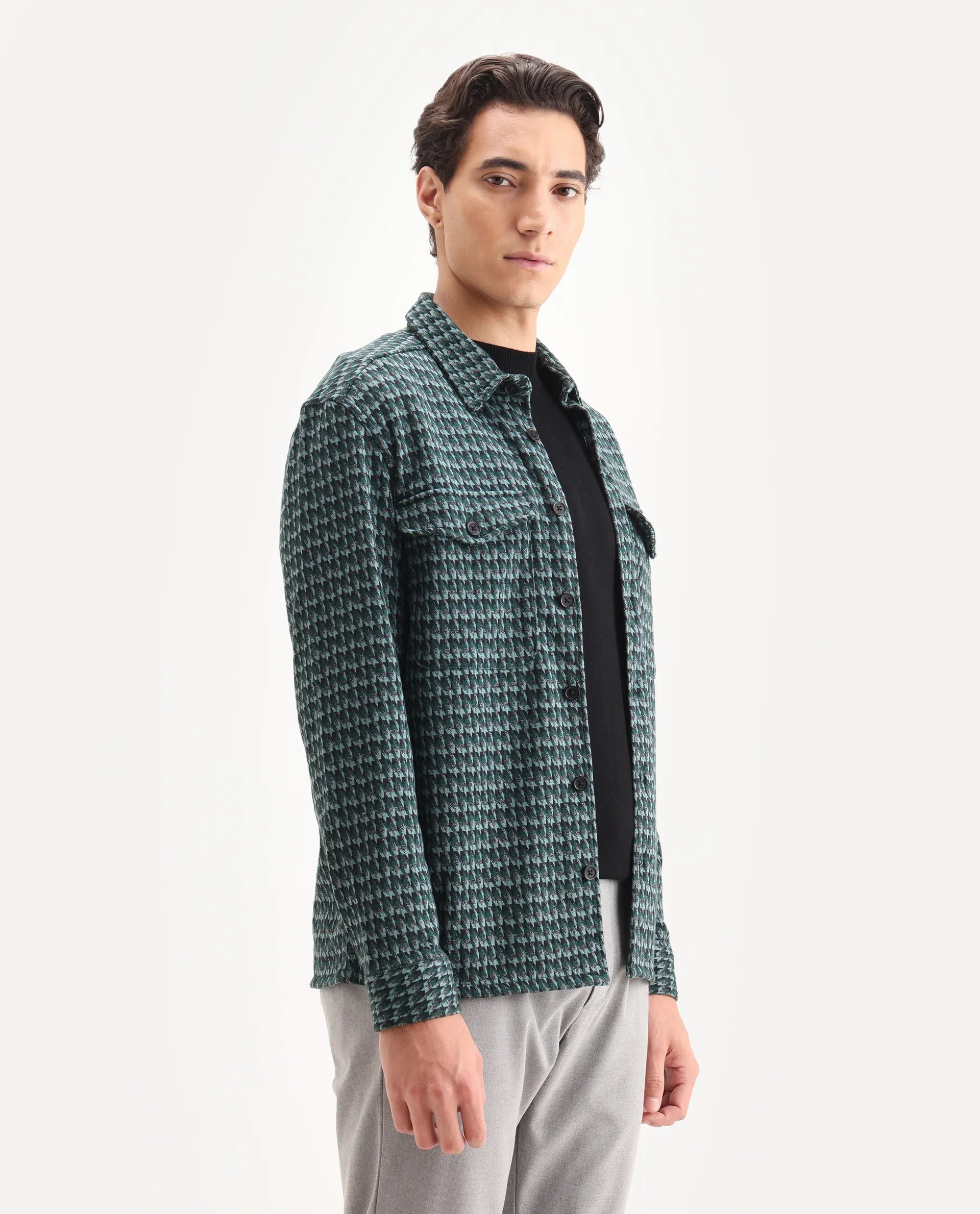 Rare Rabbit Men's Rodez Green Cotton Checked Print Relaxed Fit Full Sleeve Collared Shacket