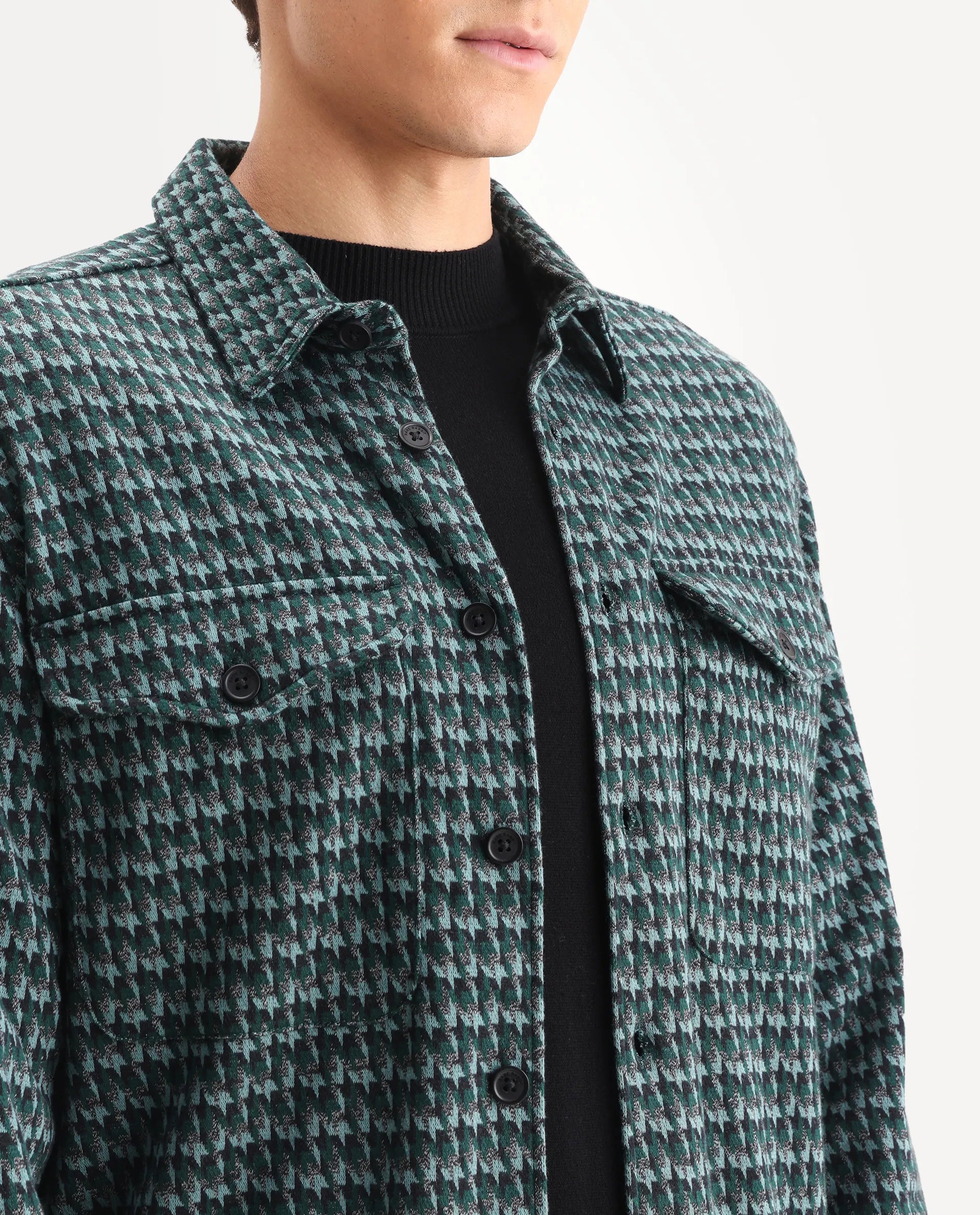 Rare Rabbit Men's Rodez Green Cotton Checked Print Relaxed Fit Full Sleeve Collared Shacket